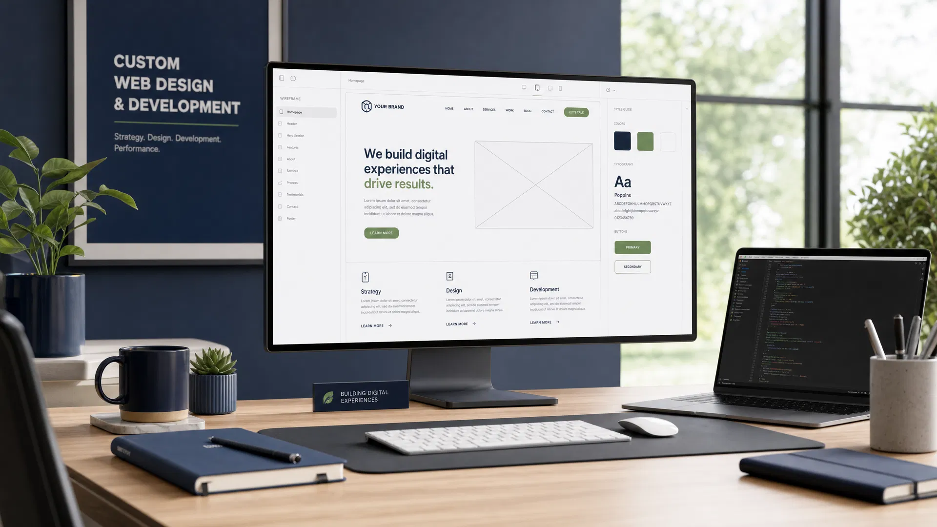 High-end custom web design workspace showing responsive layouts and conversion rate optimization data