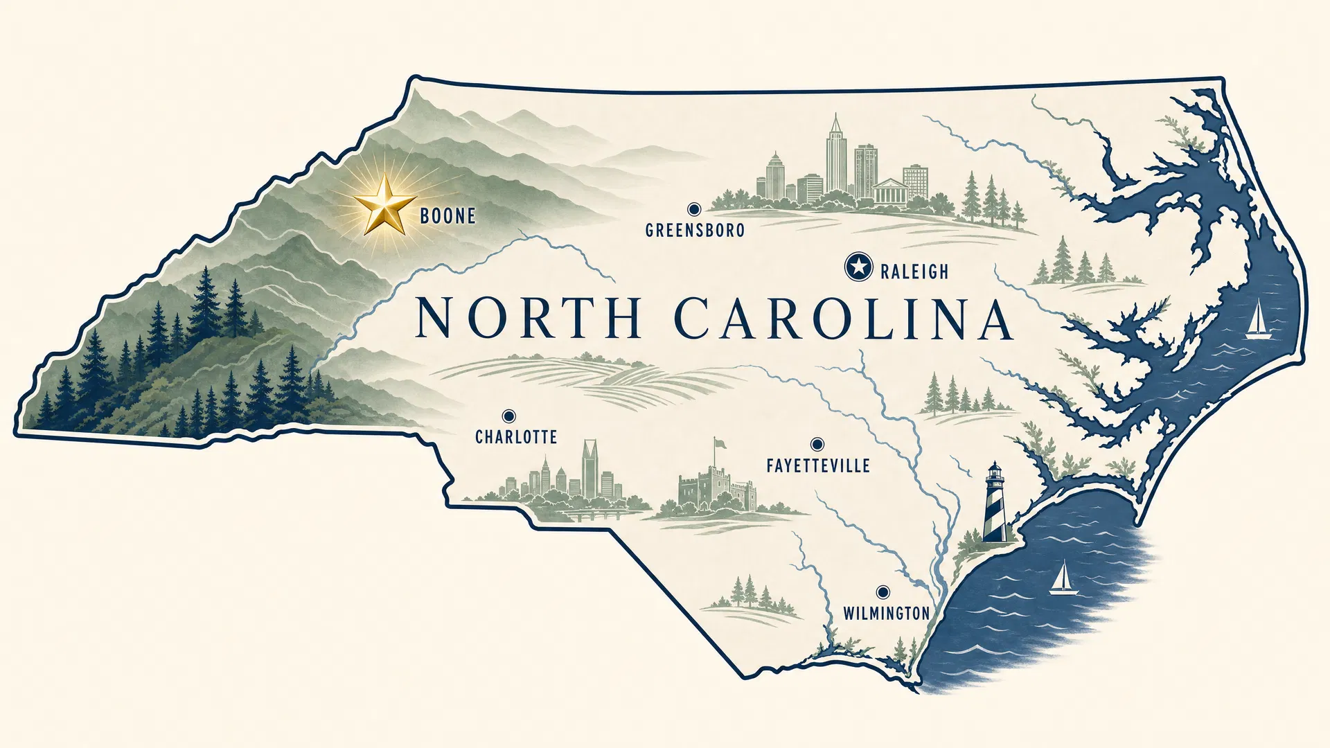 Map illustration showing the location of Boone, NC