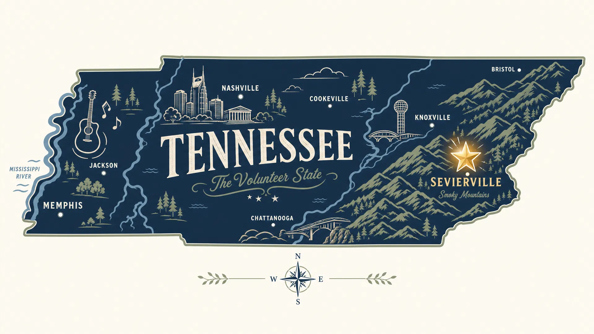 Map illustration showing the location of Sevierville, TN