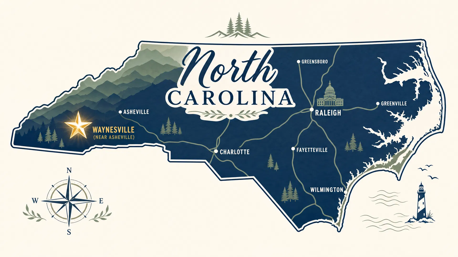Map illustration showing the location of Waynesville, NC