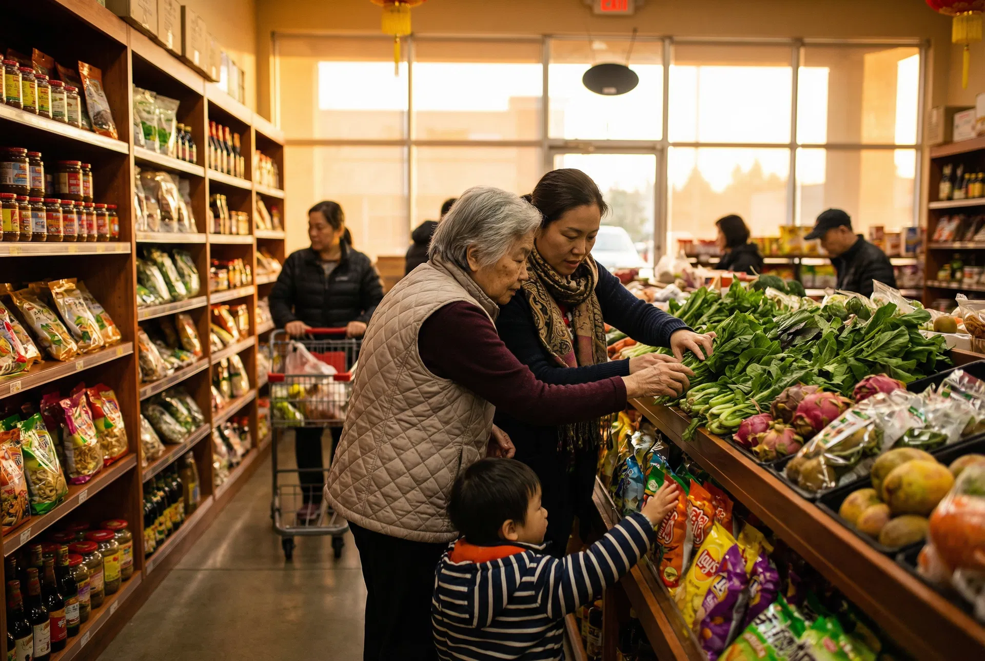 Multi-generational family shopping at Asia Market