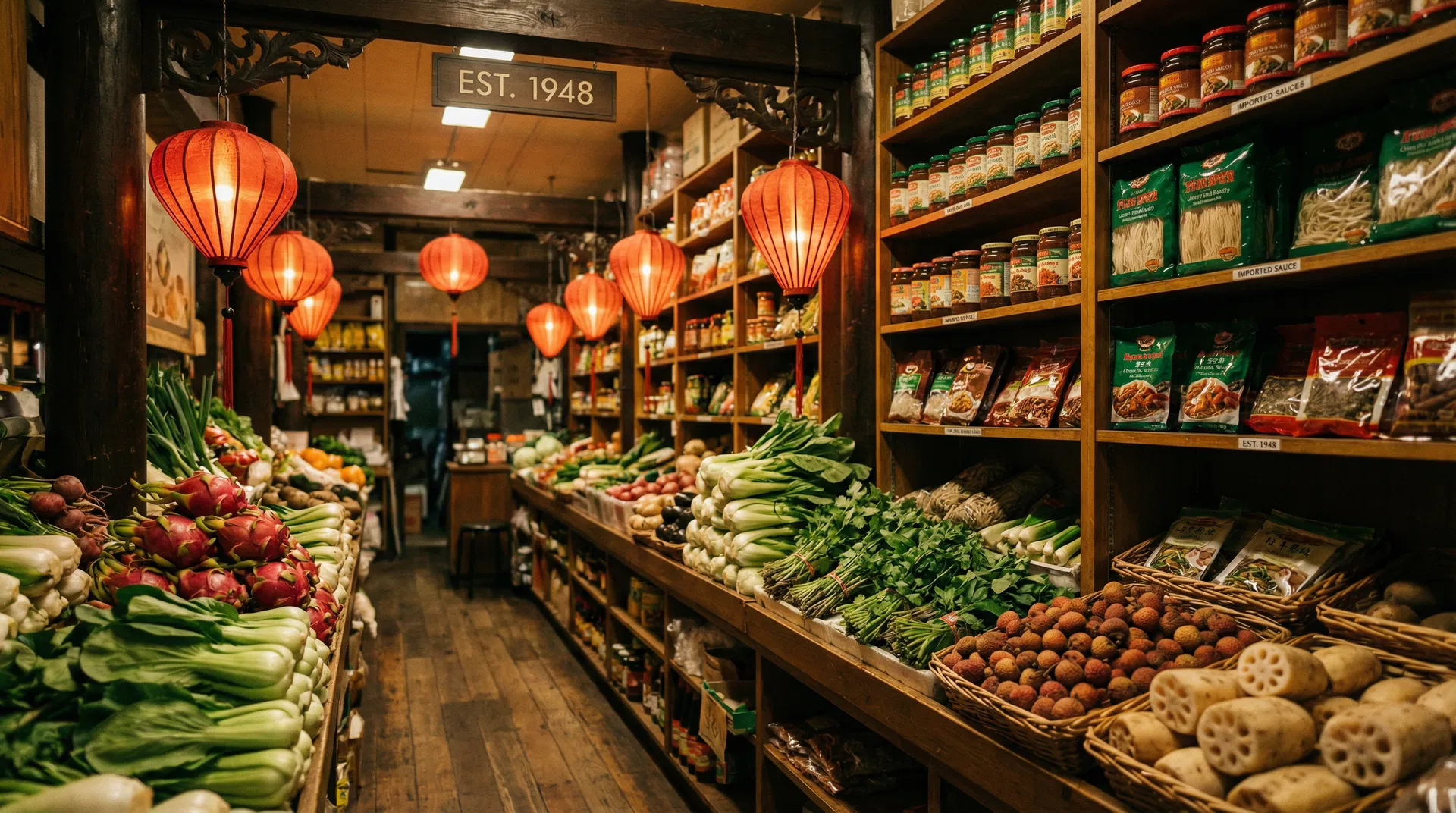 Asia Market interior with fresh produce and red lanterns