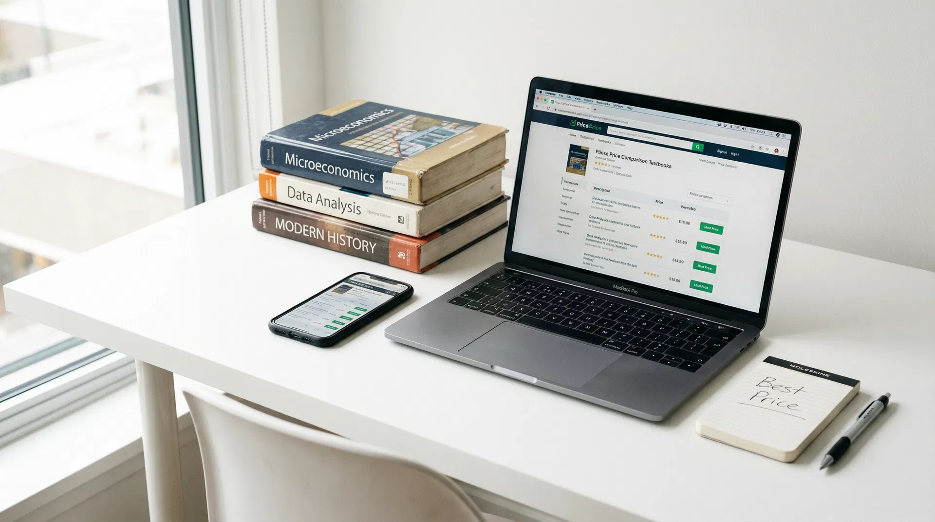 Student comparing textbook prices on laptop with stack of textbooks