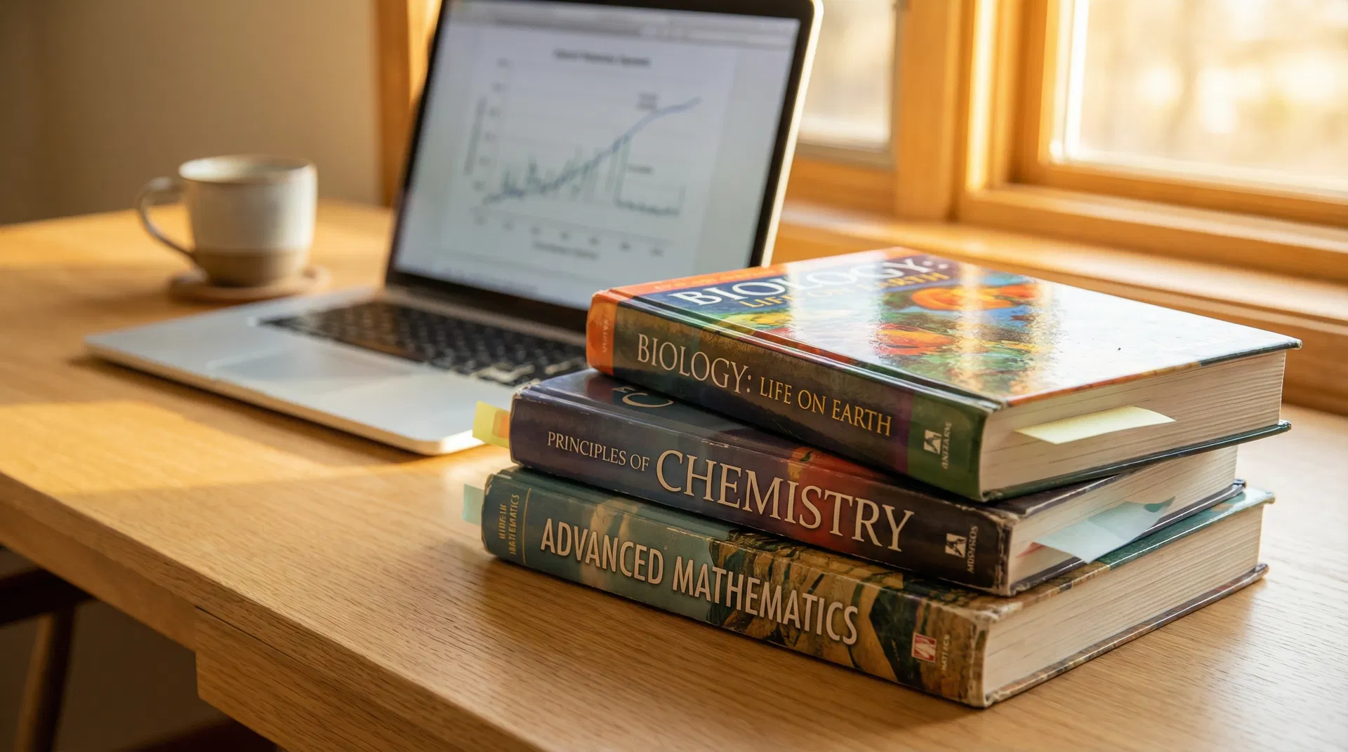 Stack of college textbooks on a desk with laptop in background