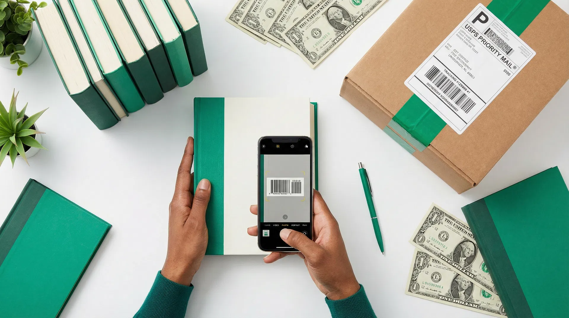 Person scanning a book barcode with smartphone to sell books for cash online