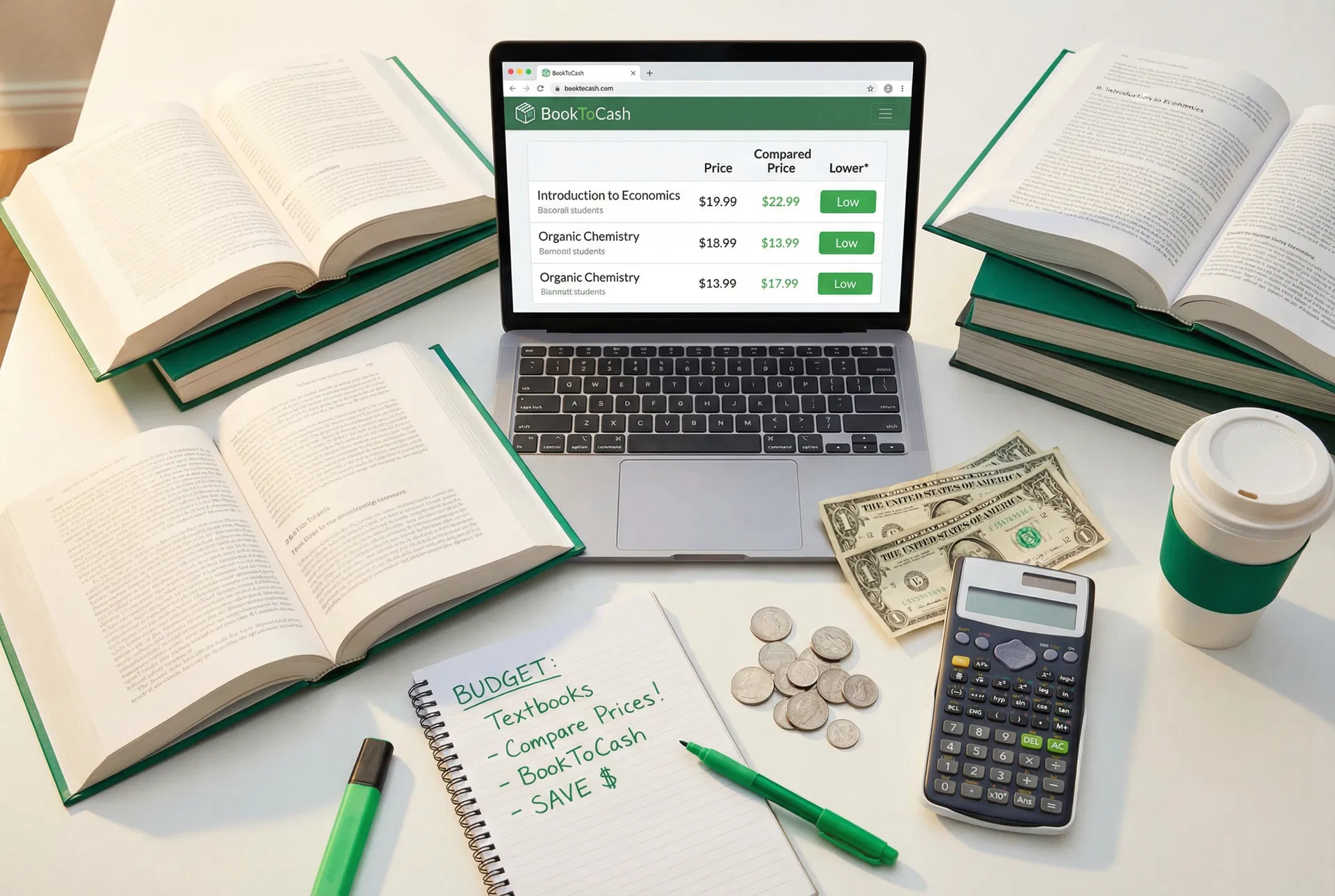 College student desk with textbooks laptop and budget notes - saving money on textbooks