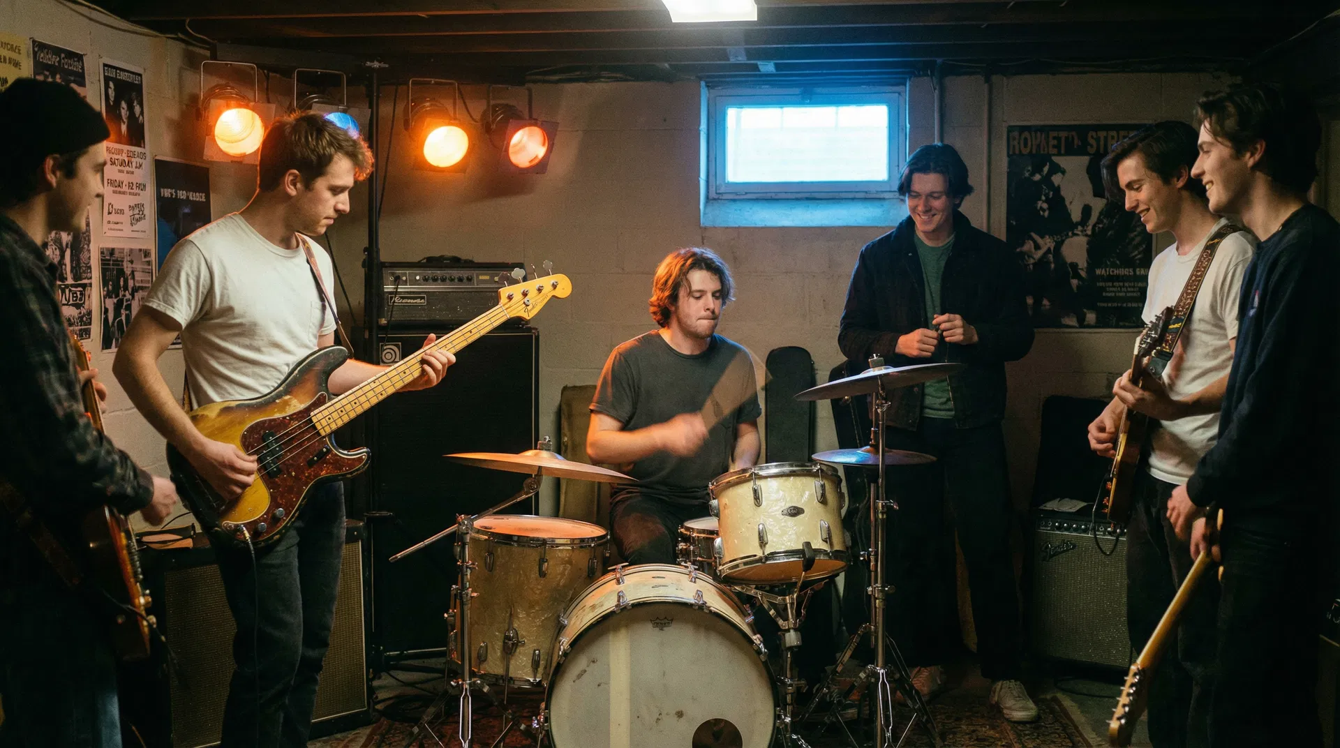 乐队成员在排练室合作演奏