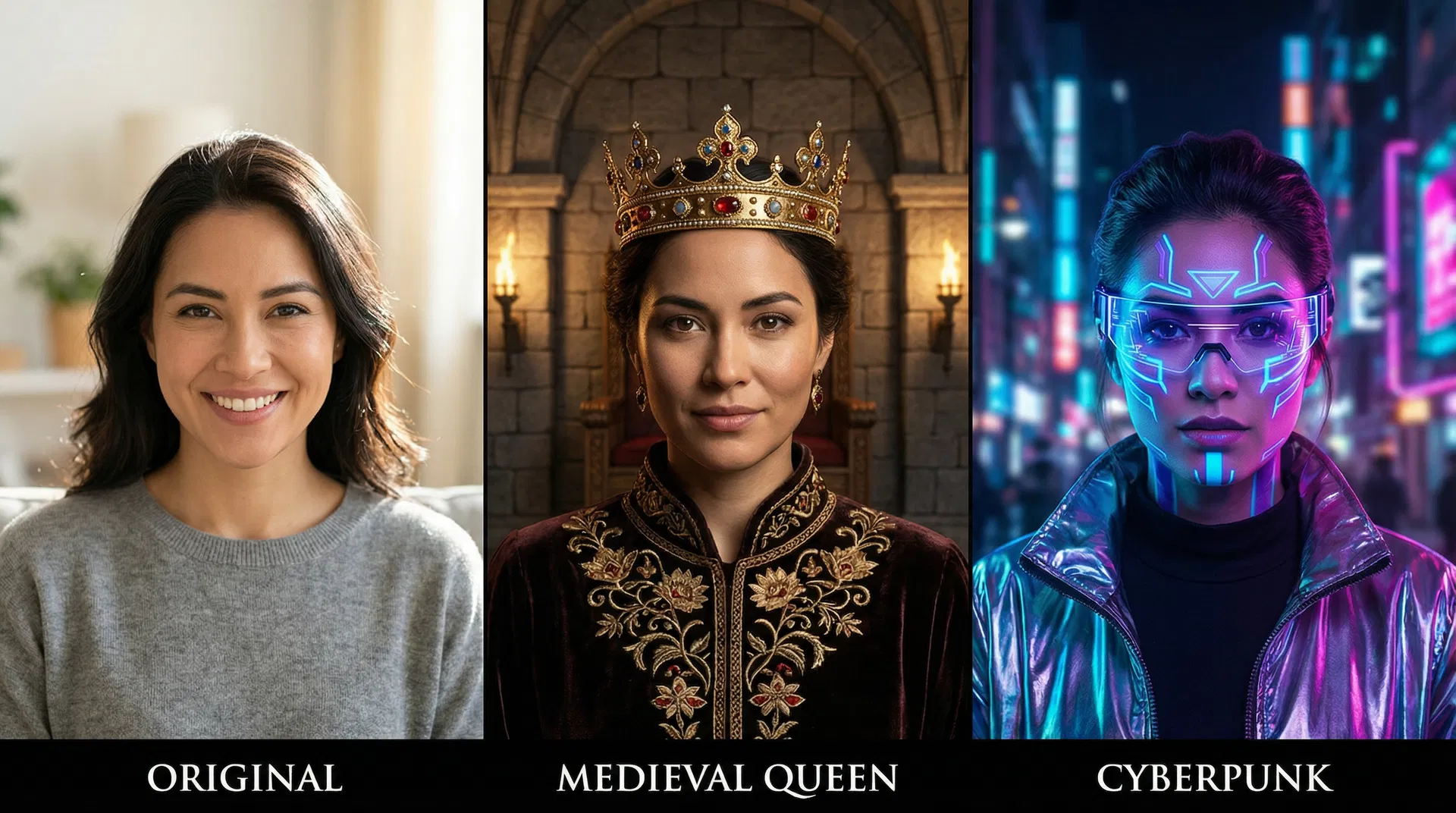 AI character transformation — same person in different scenes and outfits