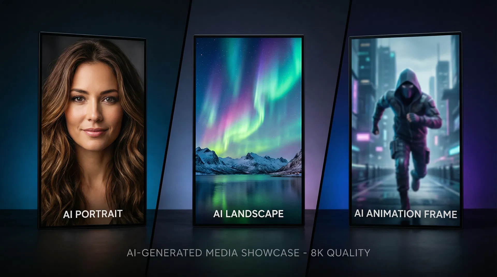 AI-generated media showcase — portraits, landscapes, and animations