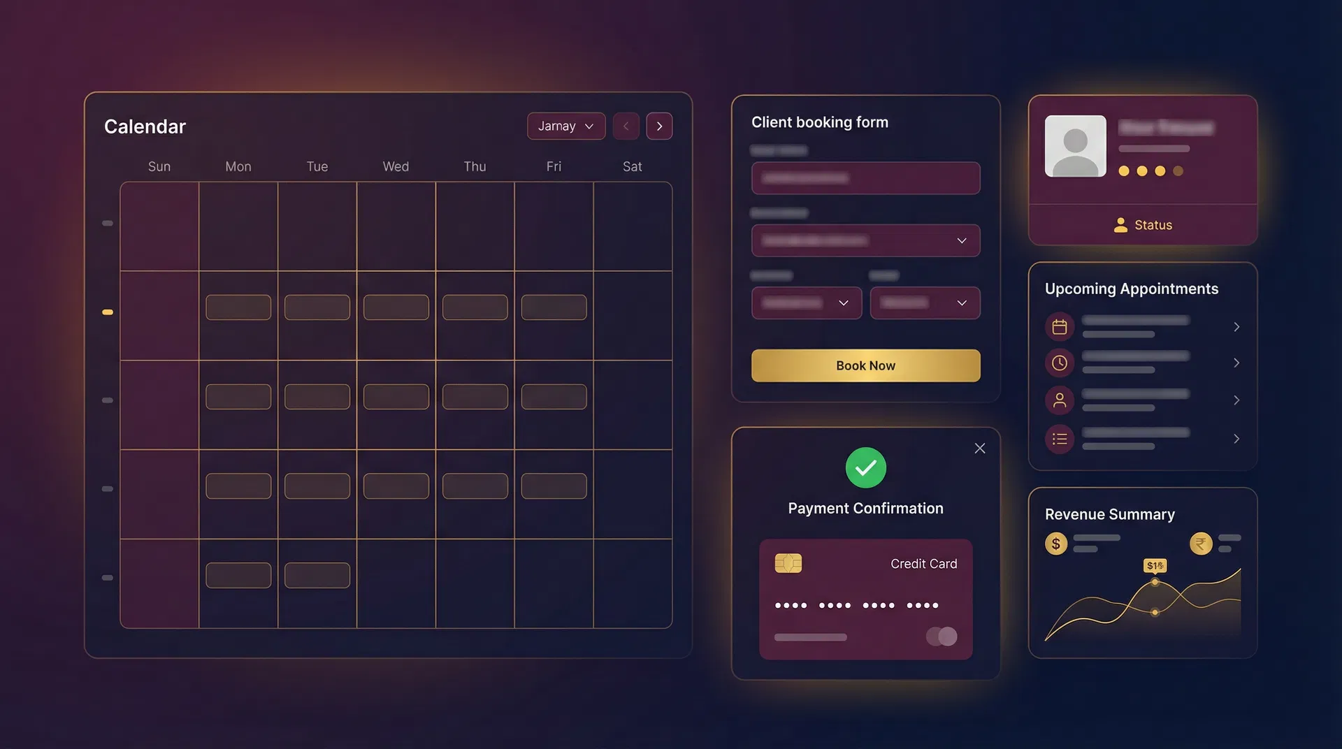 VEDA Booking dashboard with calendar, booking form, and payment confirmation