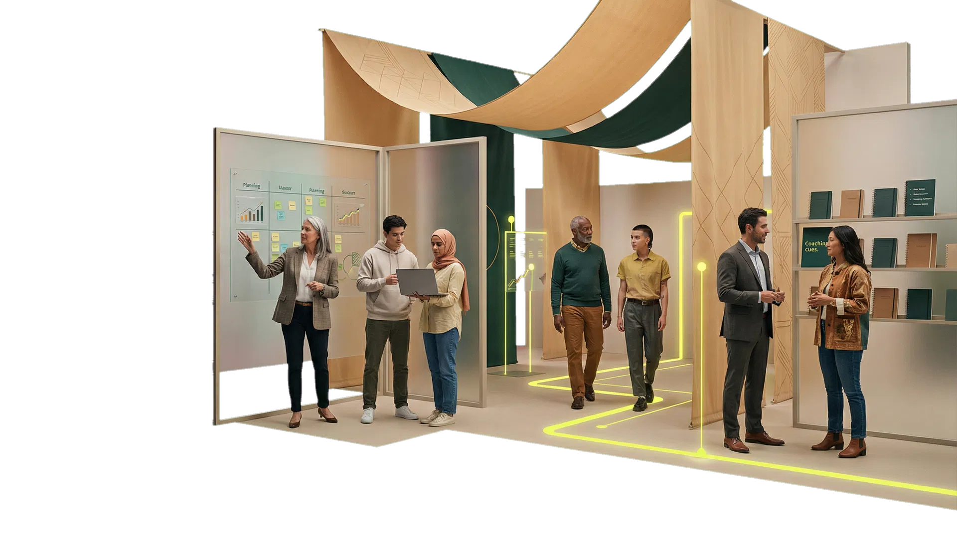 A diverse, multigenerational group of entrepreneurs and small business owners moving through a guided business growth environment