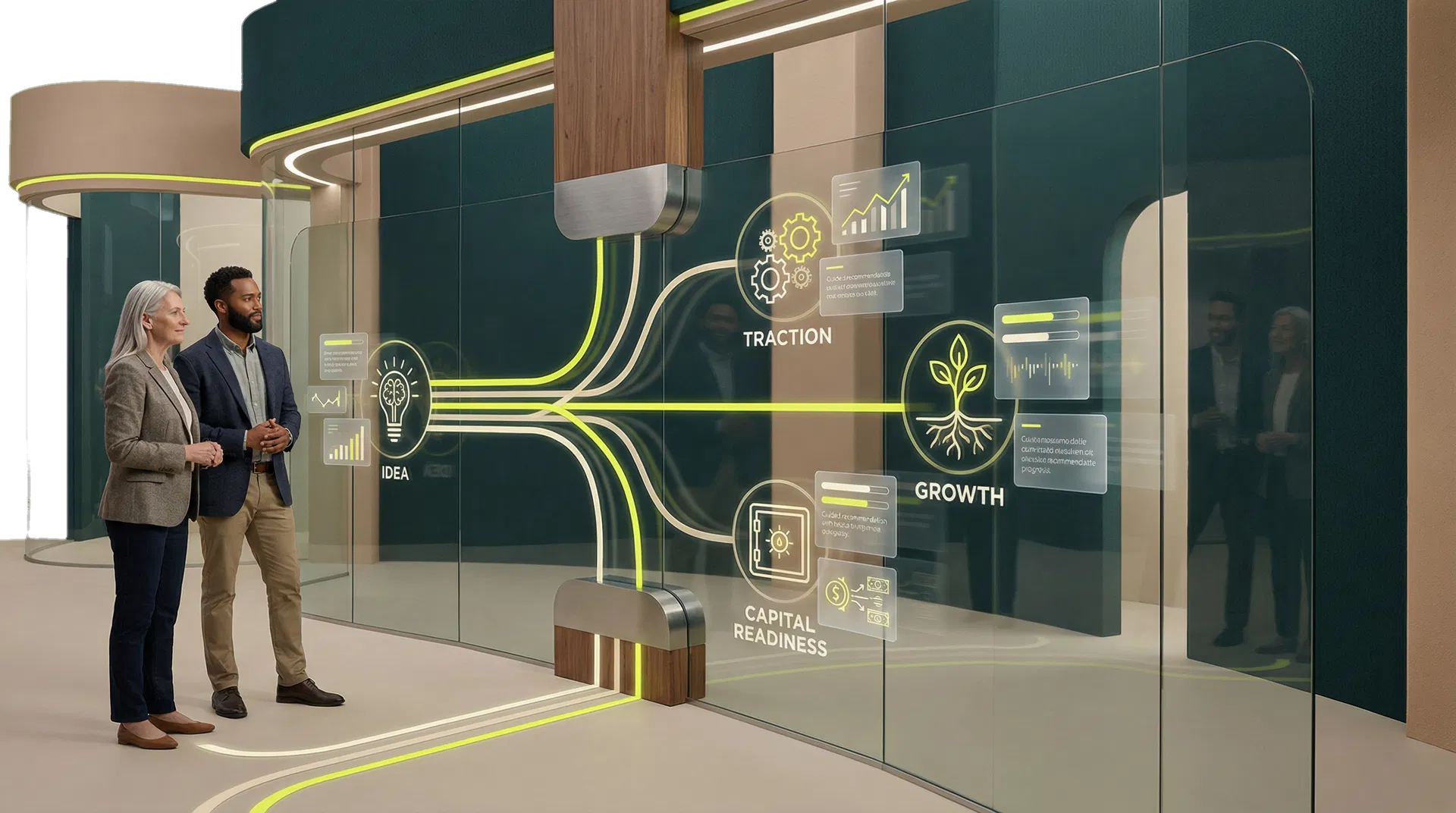 A diverse group of entrepreneurs using an interactive pathway system to assess their business stage