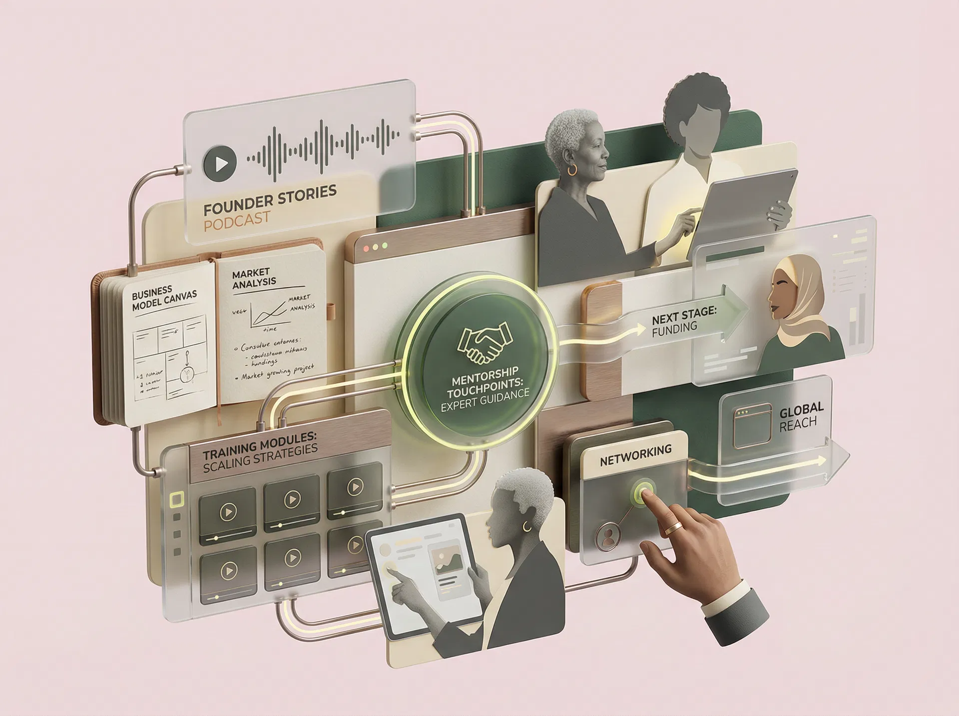 An interconnected ecosystem of entrepreneur resources, podcast modules, mentorship touchpoints, and growth pathways