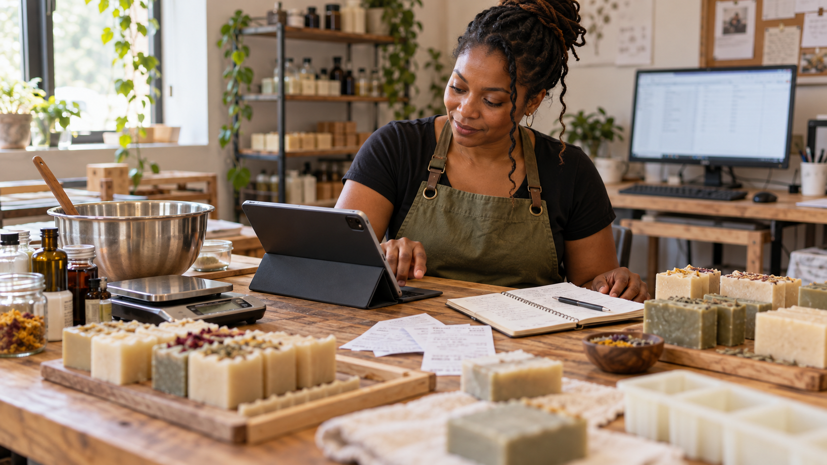 Soap maker using a tablet at her workbench, surrounded by handmade soaps, ingredients, and business records, with a desktop computer in the background.