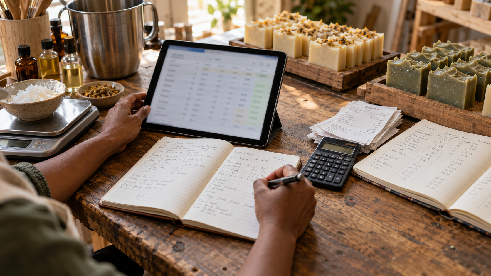 Soap maker reviewing a recipe on a tablet beside handwritten notes, supplier receipts, a calculator, and trays of handmade soap.