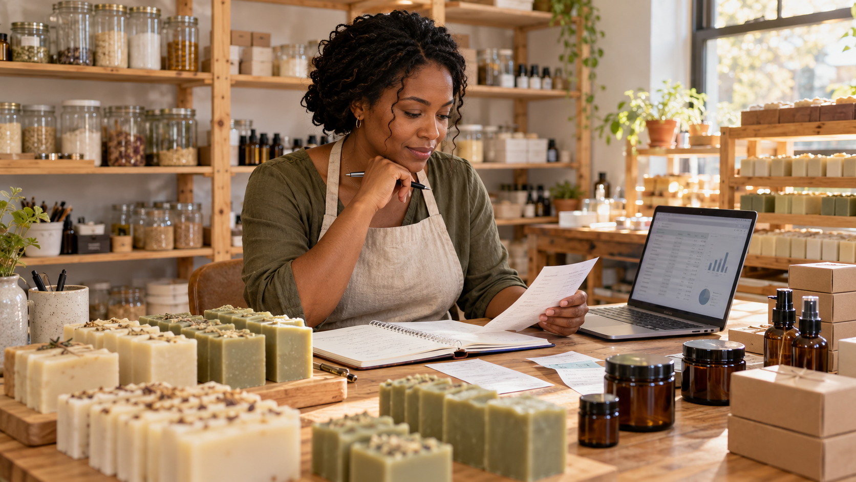 Soap and skincare business owner reviewing inventory records beside a laptop, handmade soaps, skincare bottles, and packaged products.