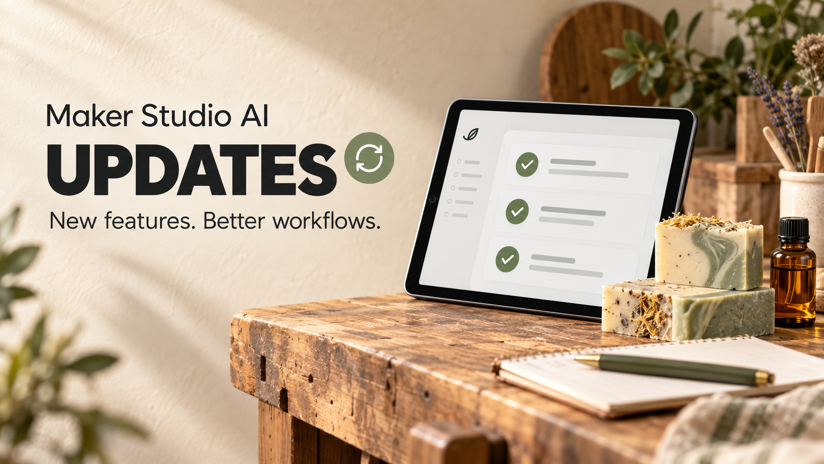Maker Studio AI updates: New features. Better workflows. Tablet displaying checkmarks beside handmade soaps on a studio workbench.
