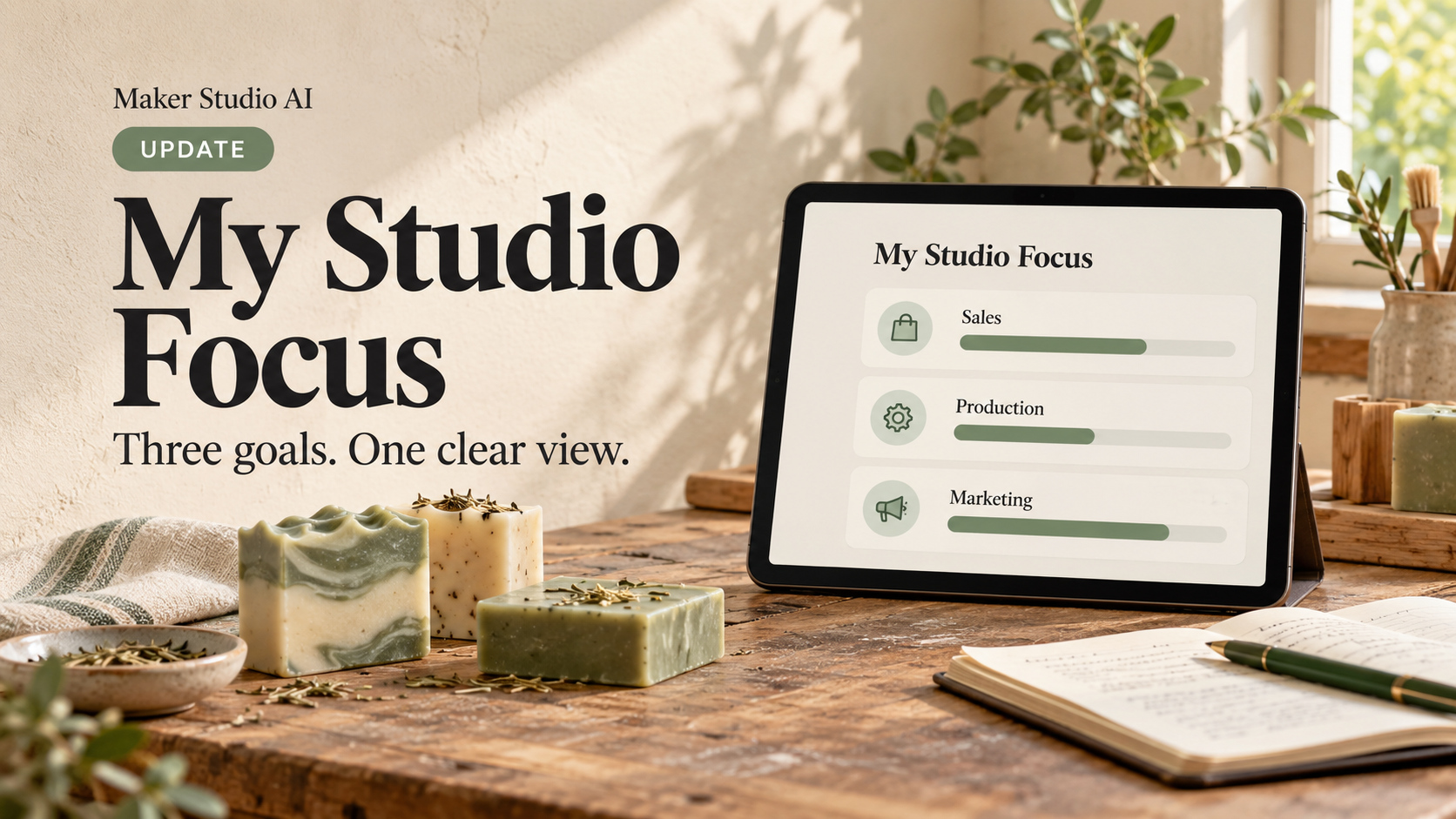 Maker Studio AI’s My Studio Focus update: “Three goals. One clear view.” A tablet illustrates sales, production, and marketing progress beside handmade soaps.