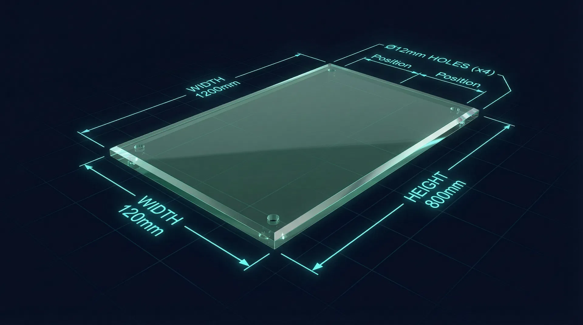 Glass panel with technical dimensions