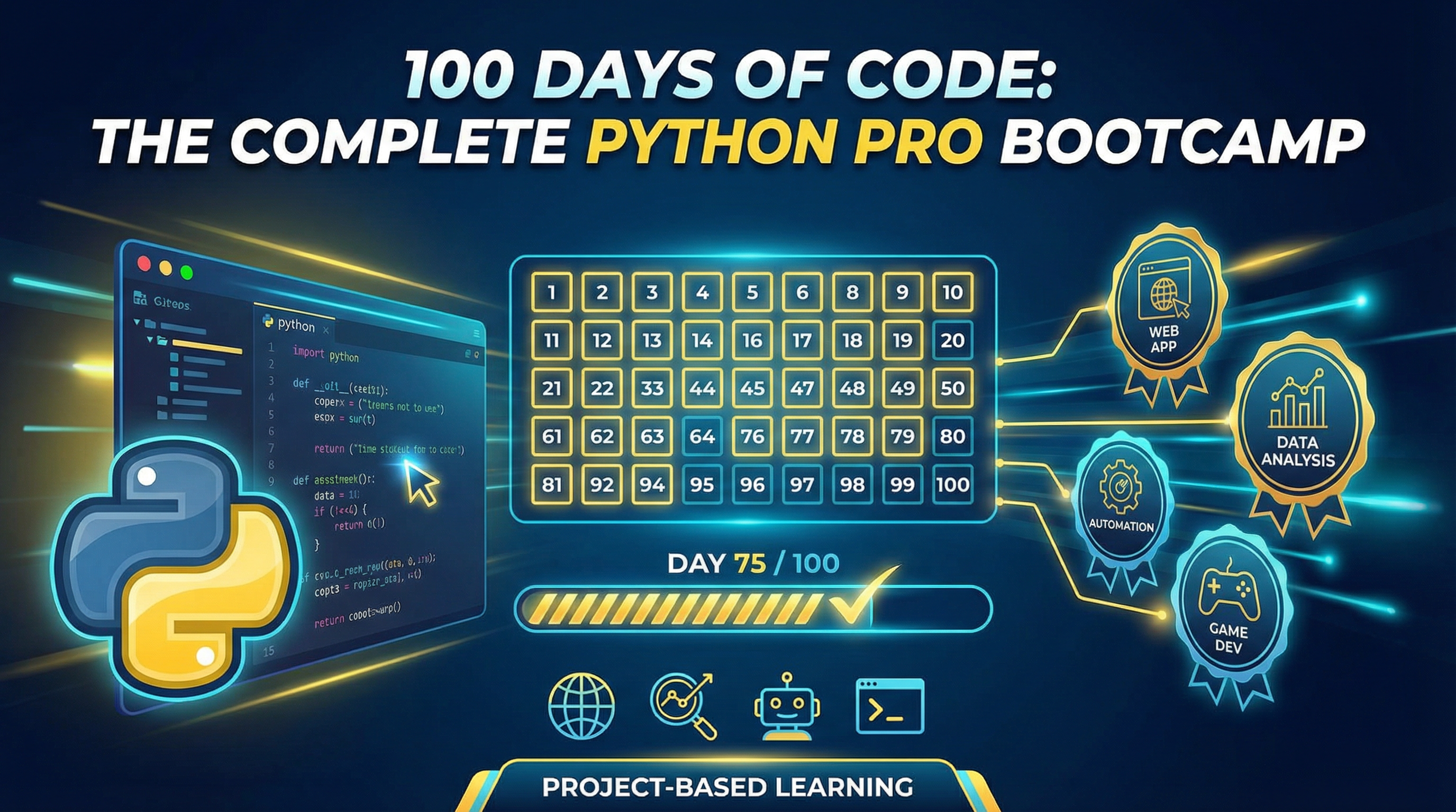 100 Days of Code: Build 100 Python Projects & Land Your First Dev Job - Online course thumbnail showing curriculum preview