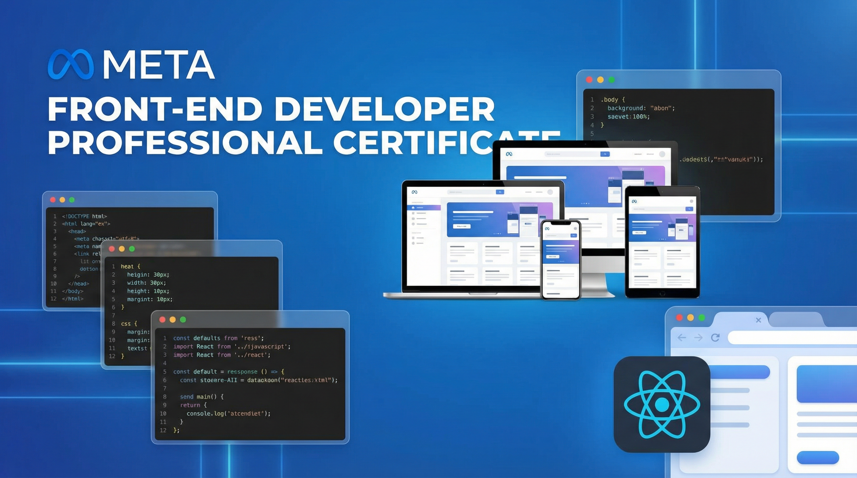 Meta Front-End Developer Certificate 2026: React, JavaScript & Web Design (Job-Ready) - Online course thumbnail showing curriculum preview