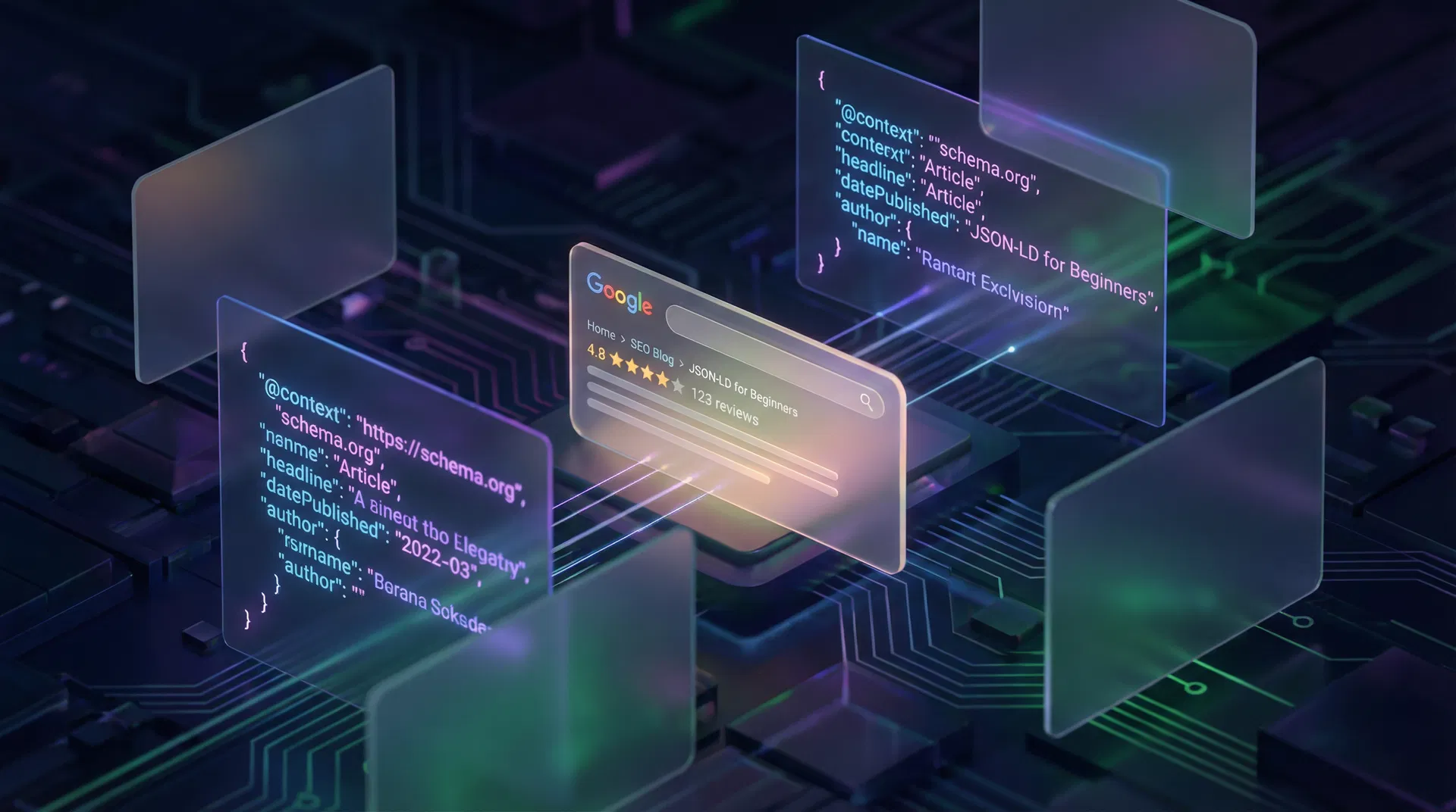 Code editor showing JSON-LD structured data markup on a dark background