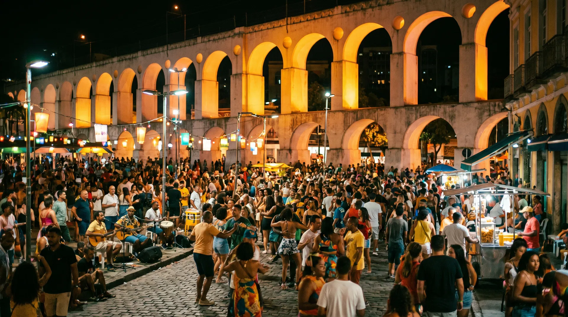 Lapa neighborhood at night with the Arcos da Carioca aqueduct illuminated and crowds dancing samba in the streets below