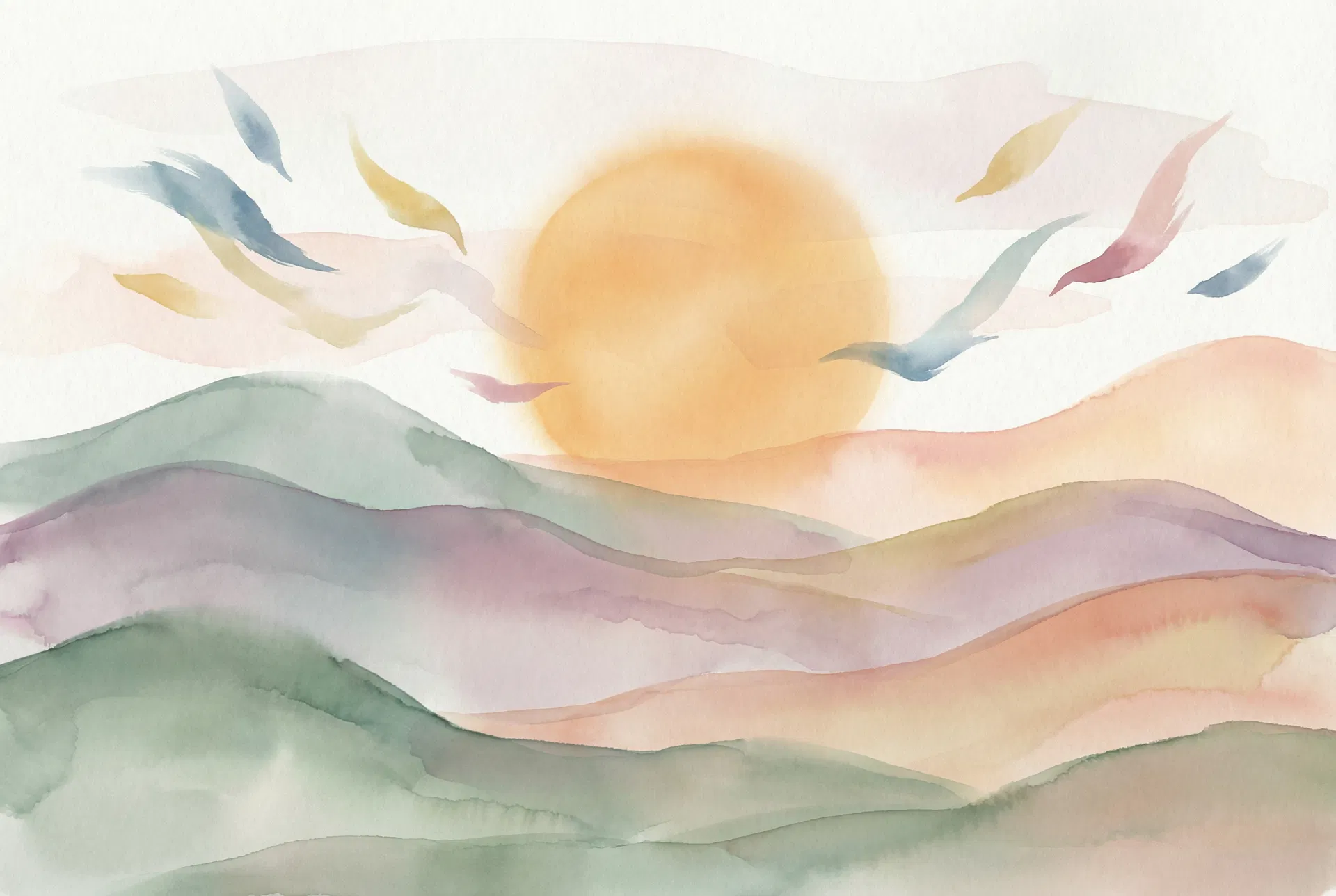 Peaceful watercolor landscape with rolling hills and warm sunset — a calming visual for grounding