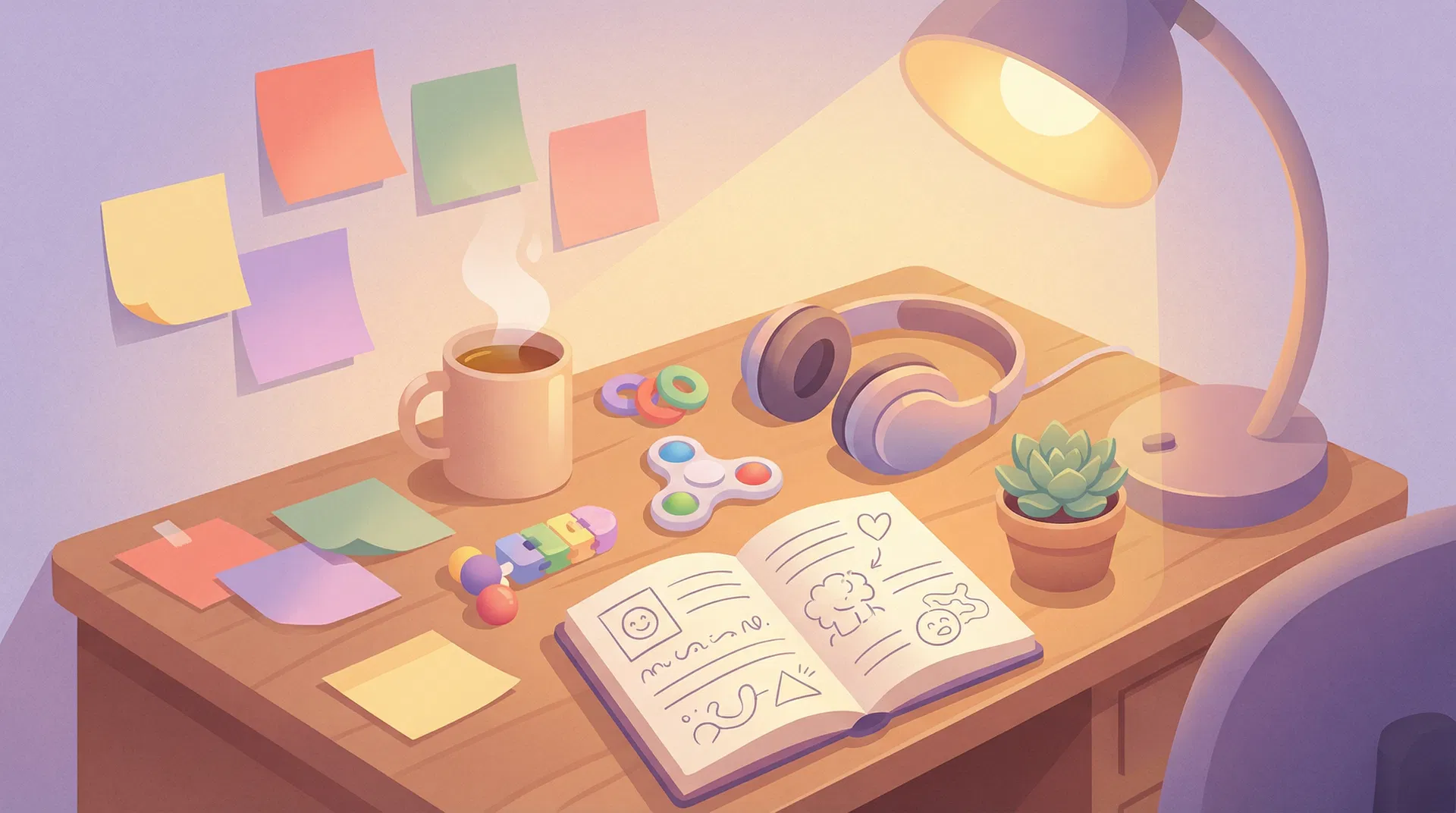 Cozy neurodivergent-friendly workspace with fidget toys, journal, headphones, and warm lighting