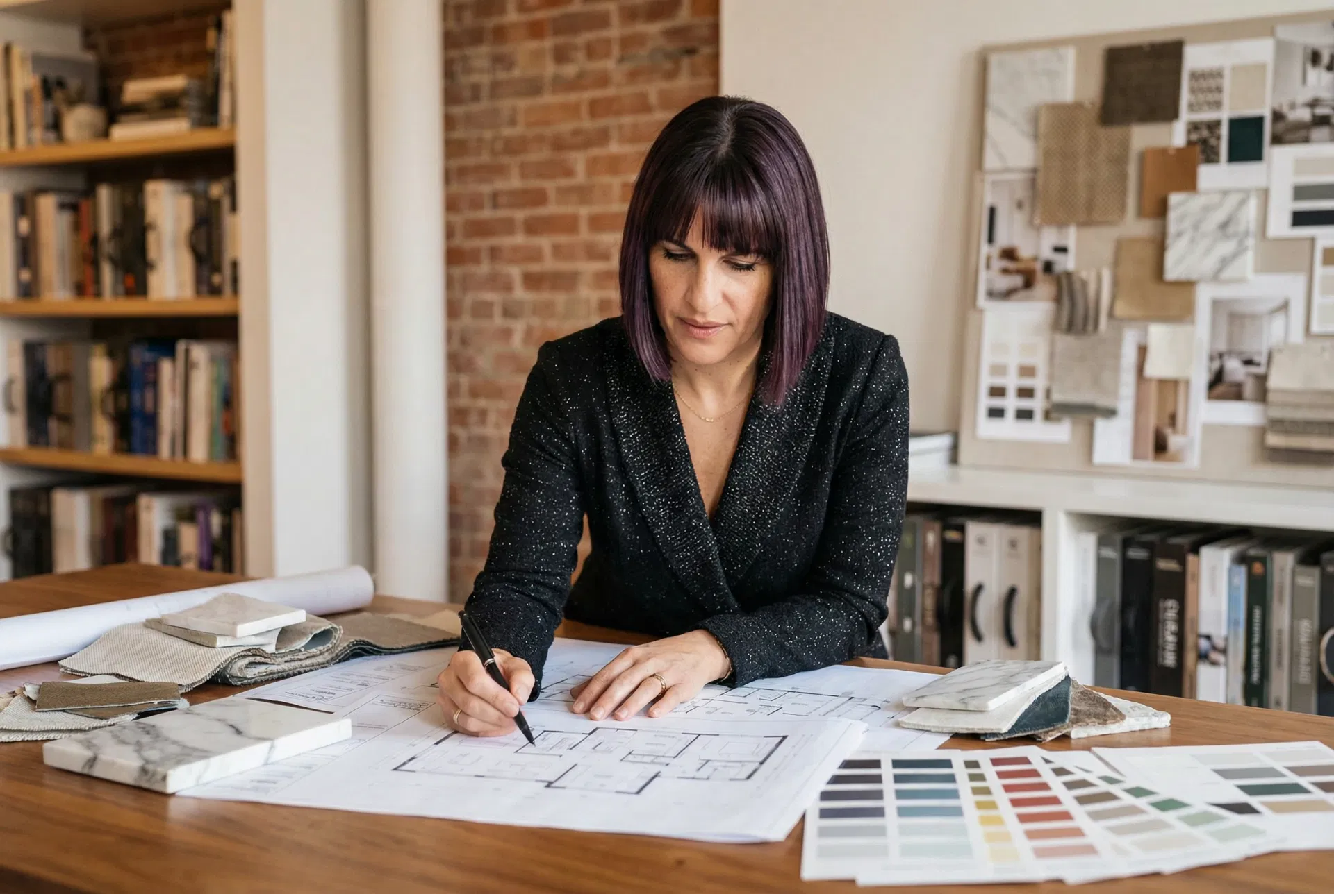 Siham Lemcelli at work — architectural plans, material samples, and color palette