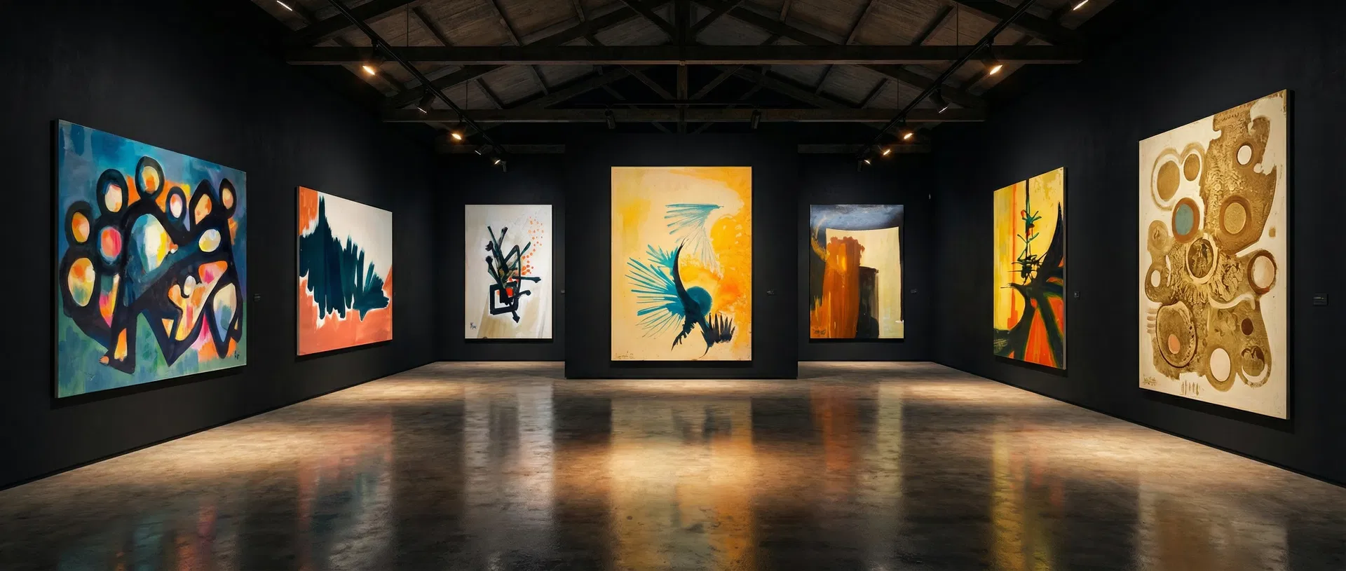 Galerie d'art avec les œuvres d'André Lenglart exposées dans un espace sombre et élégant