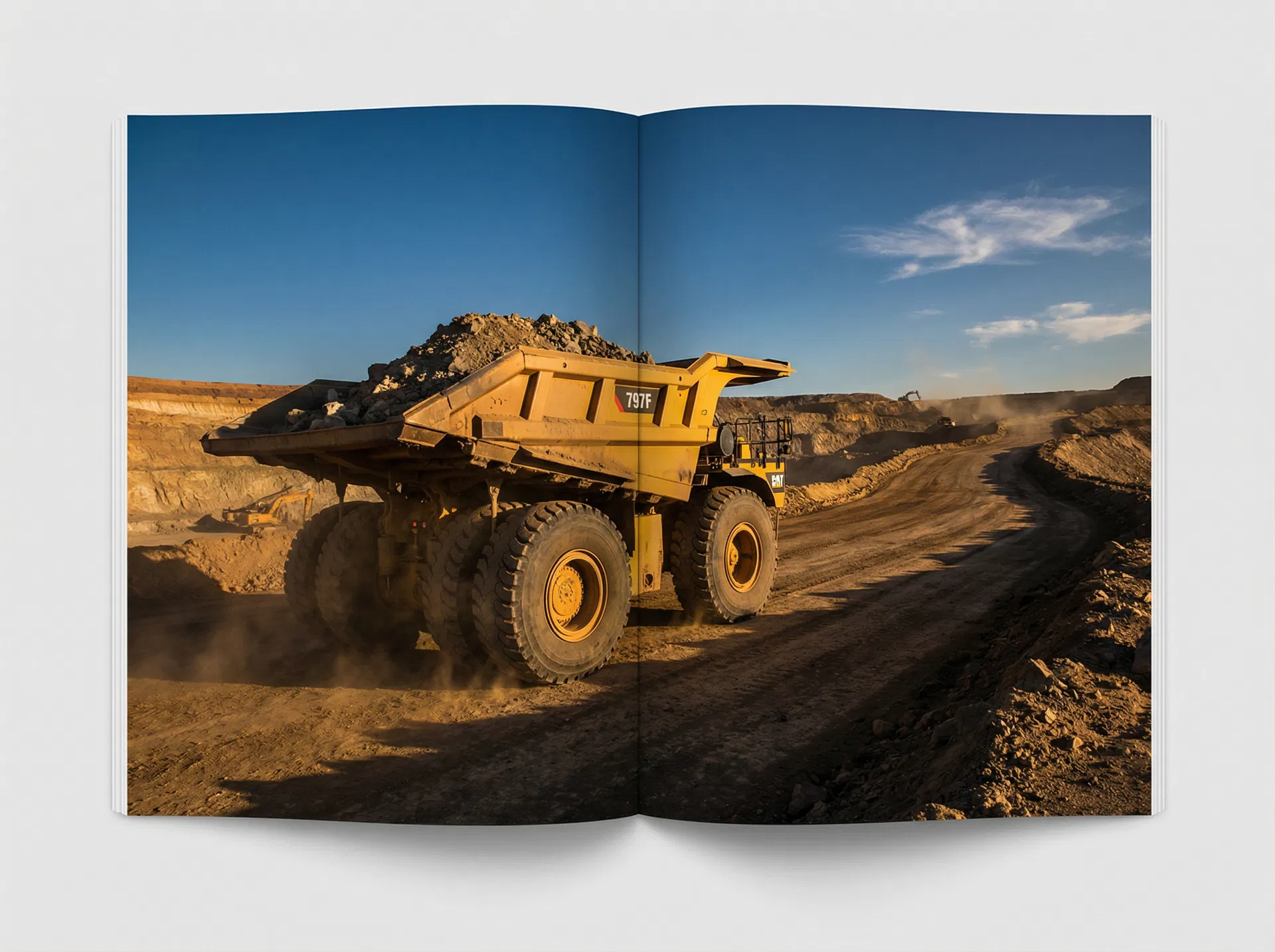 Massive yellow Caterpillar mining dump truck operating in an open-pit mine, showcasing the industrial origins of Ensure tire sealant technology