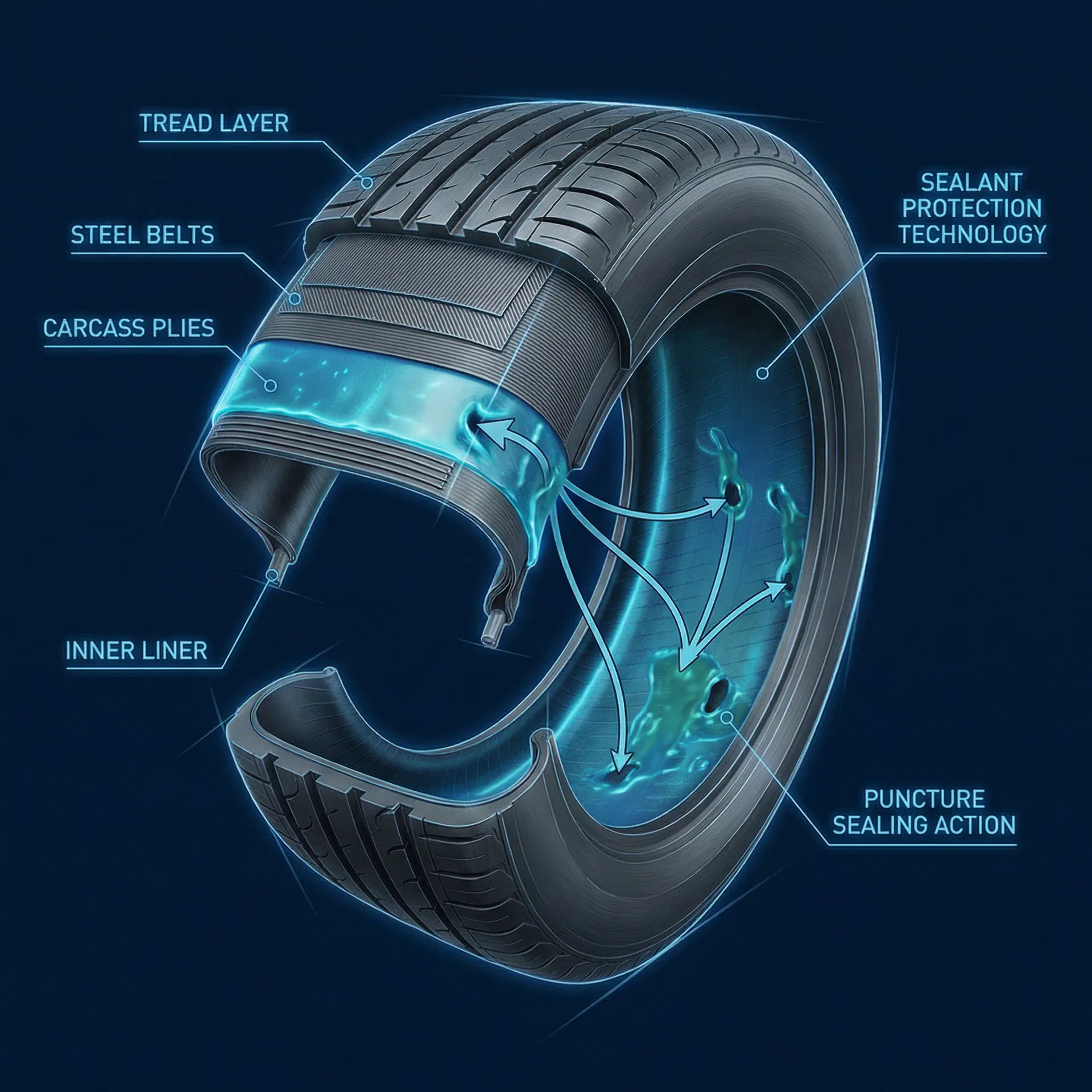 Cross-section view of a tire showing Ensure sealant technology protecting the inner surface