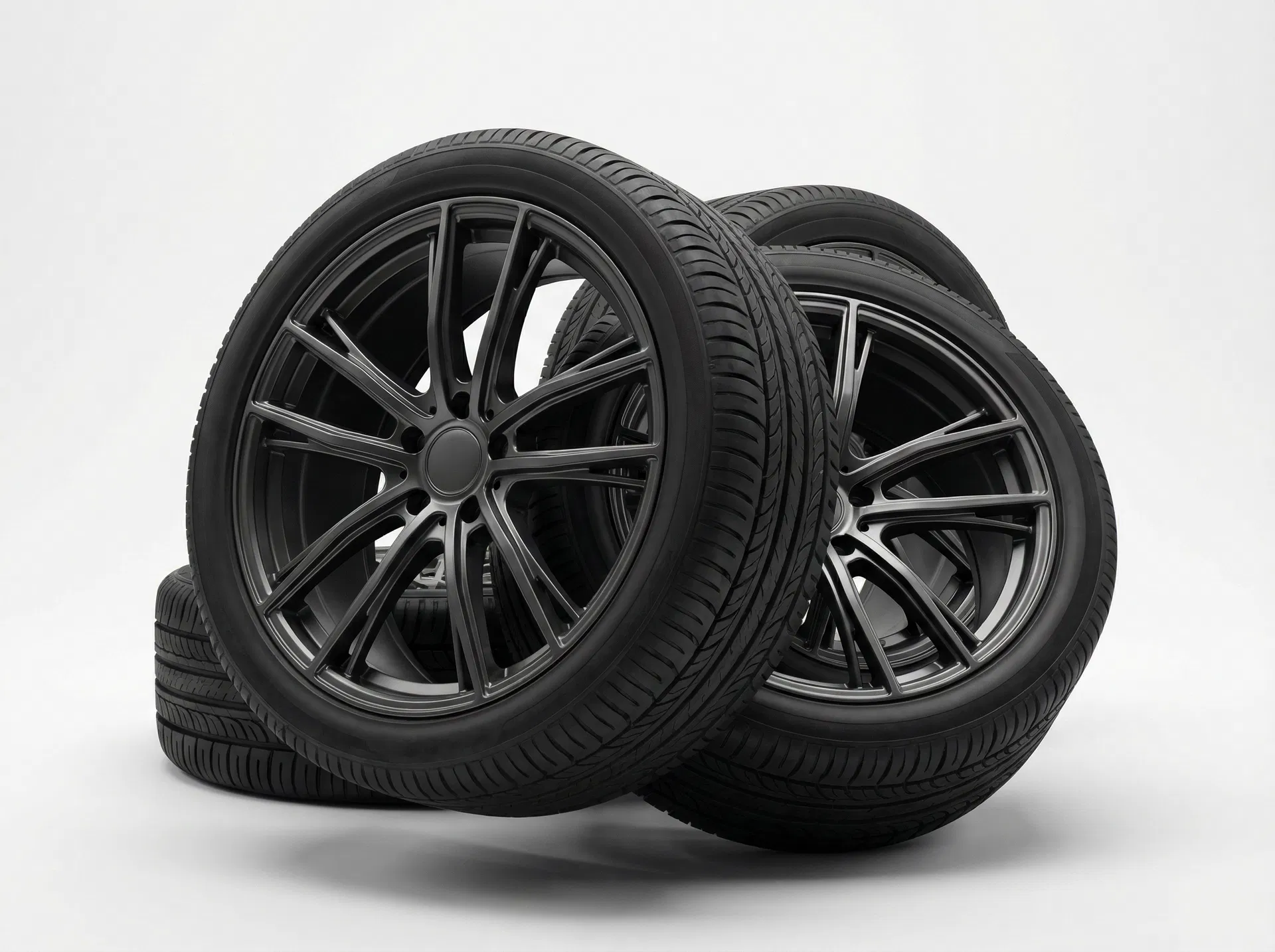 Three premium tire and wheel assemblies arranged in a professional product display