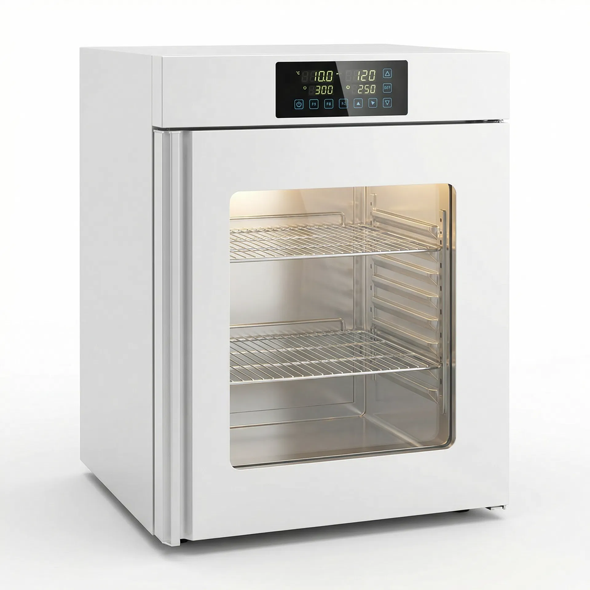 Estufa de grande porte para esterilização e secagem, capacidade 630 litros. Faixa de temperatura ambiente +10°C até 250°C, circulação forçada de ar, timer digital, 4 prateleiras ajustáveis em aço inox. Isolamento térmico em lã de rocha. Certificado Inmetro. 220V trifásico.