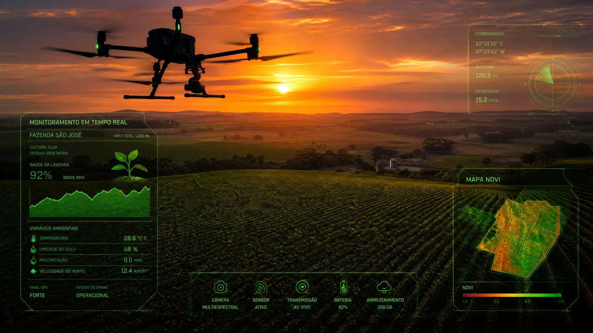 Drone monitorando fazenda ao pôr do sol
