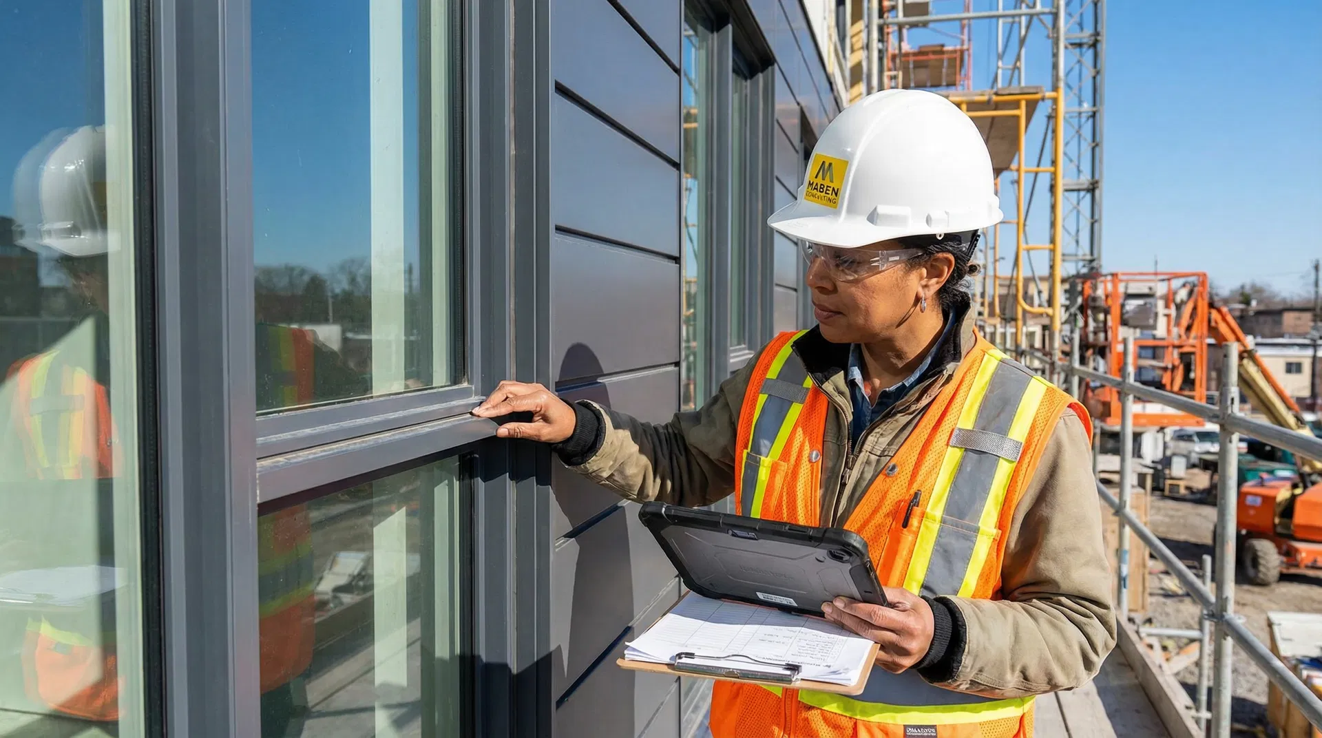 Building envelope engineer inspecting exterior facade