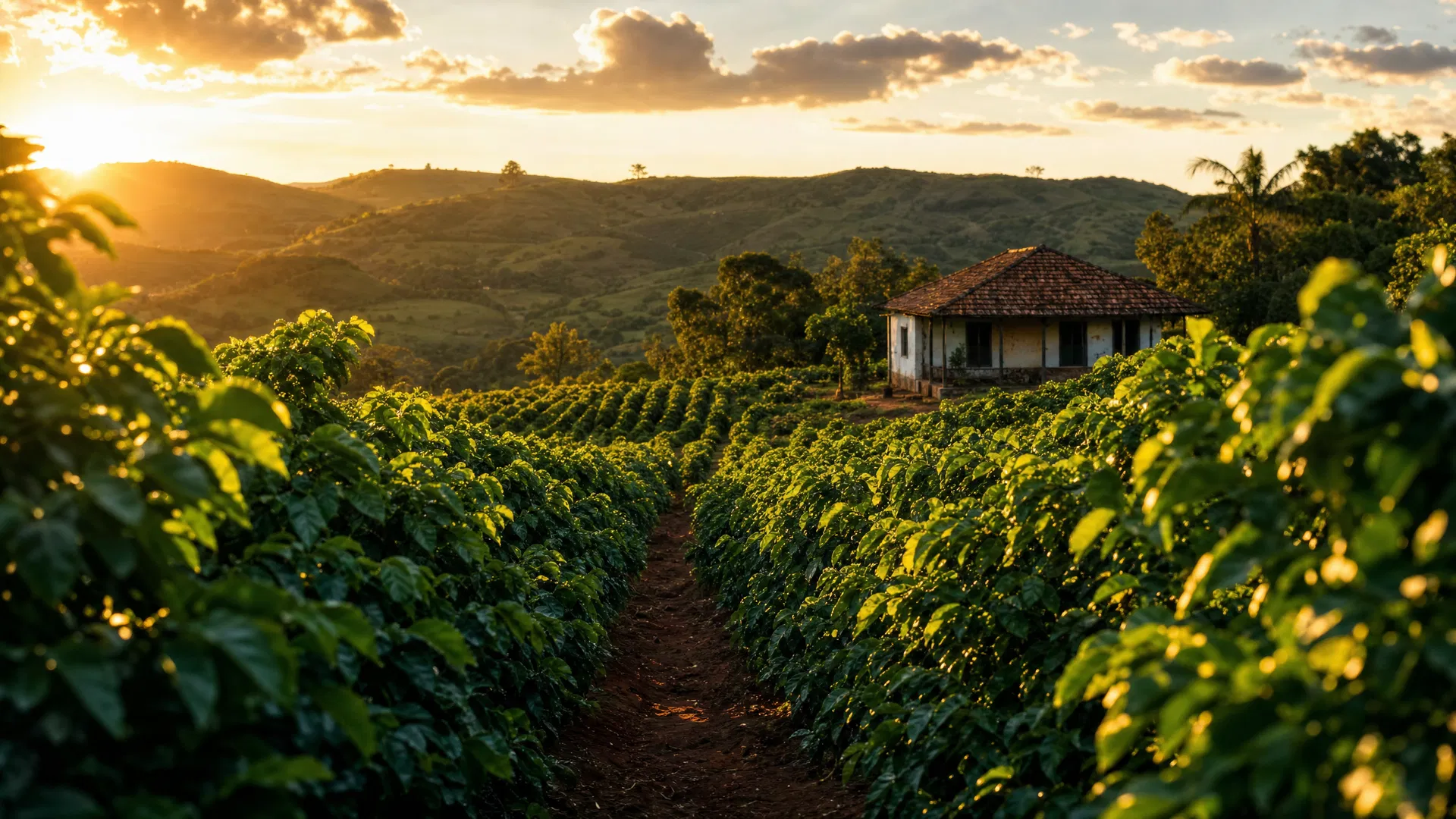Brazilian coffee farm at golden hour