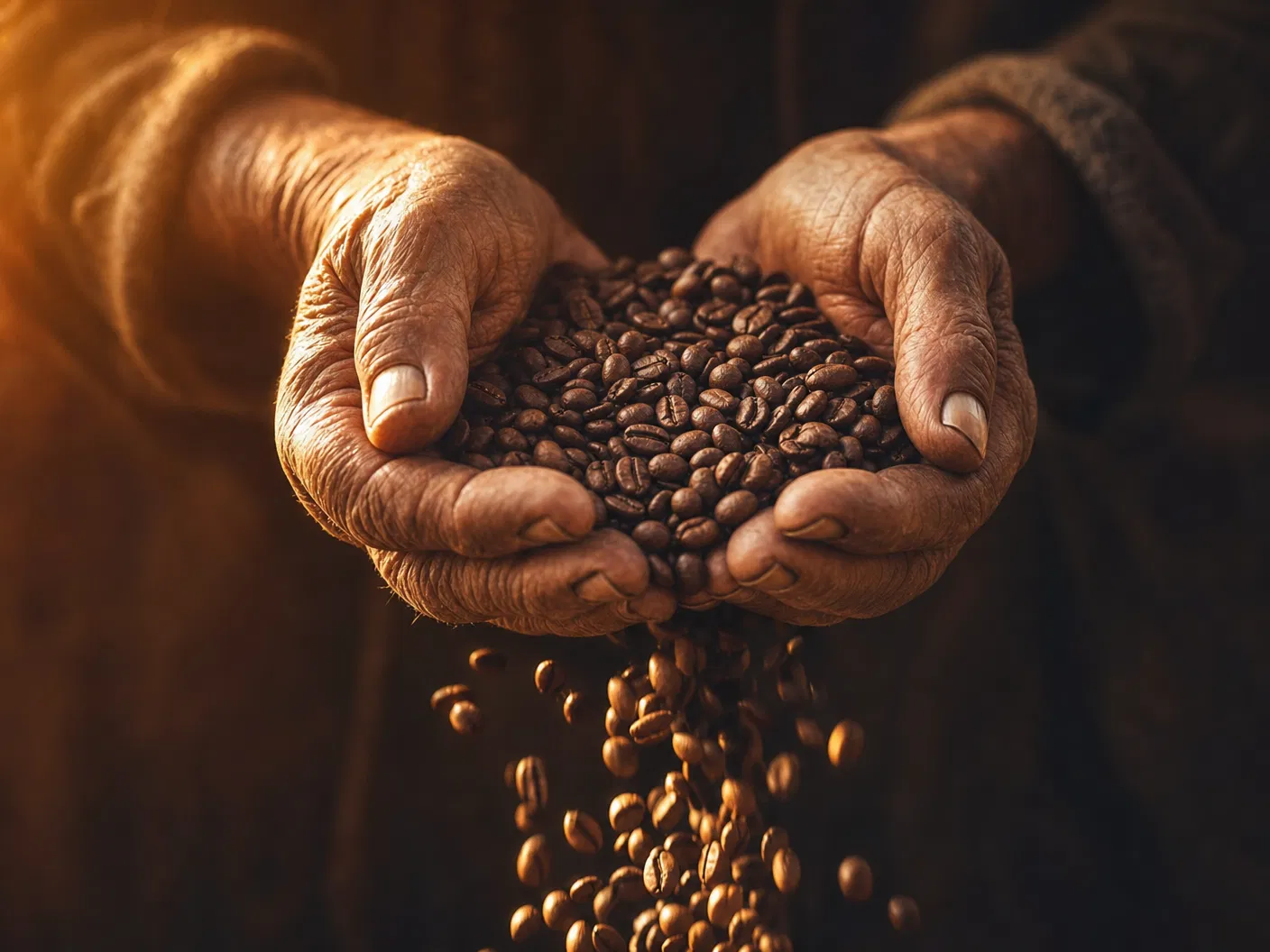 Hands holding freshly roasted coffee beans