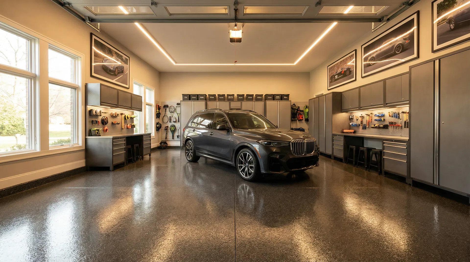 Complete garage transformation — Penntek floor coating with custom cabinets and Trusscore walls in Rochester MN