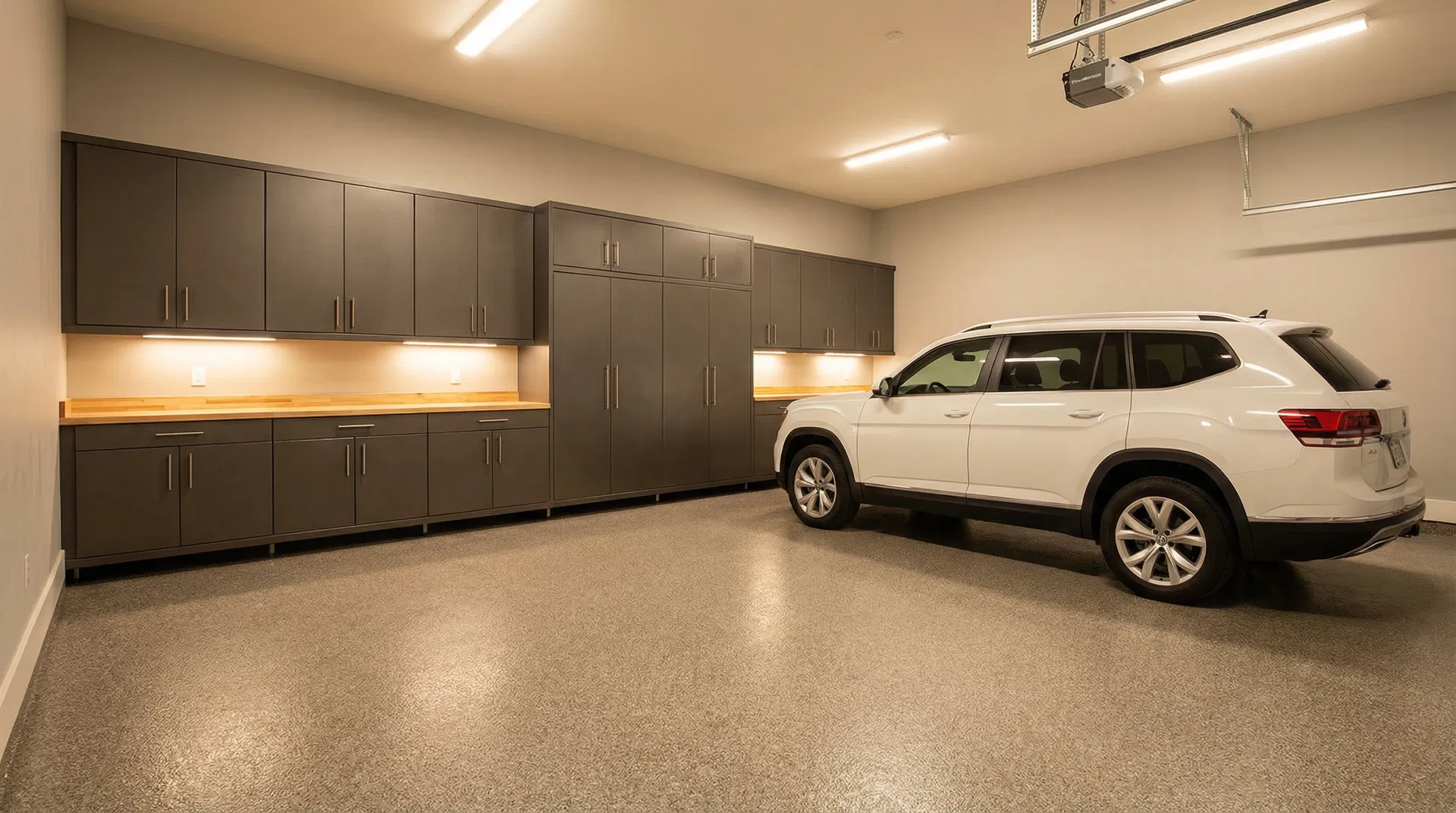 Complete Canvas garage transformation — charcoal cabinets with butcher block, Penntek chip broadcast floor, warm lighting