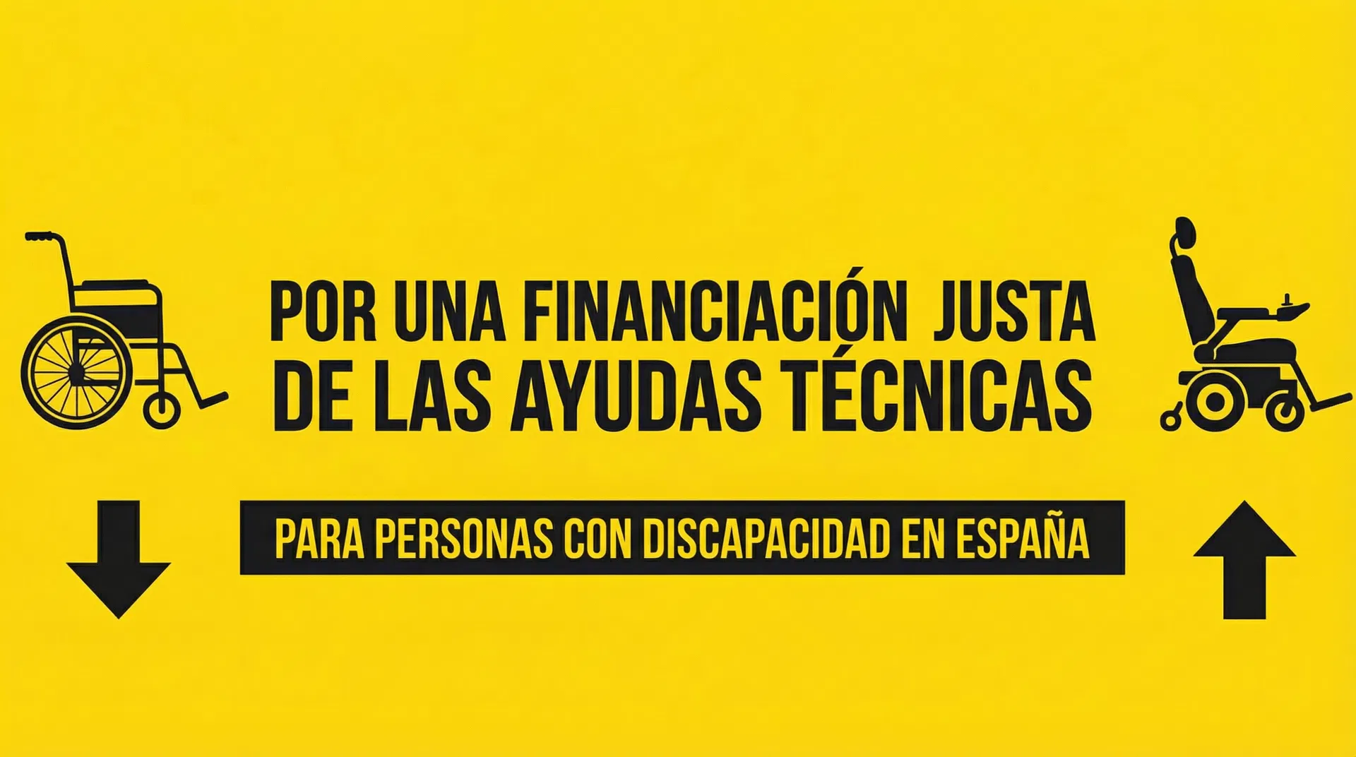 Por una financiación justa de las ayudas técnicas para personas con discapacidad en España - Banner con siluetas de silla de ruedas hospitalaria y silla eléctrica moderna