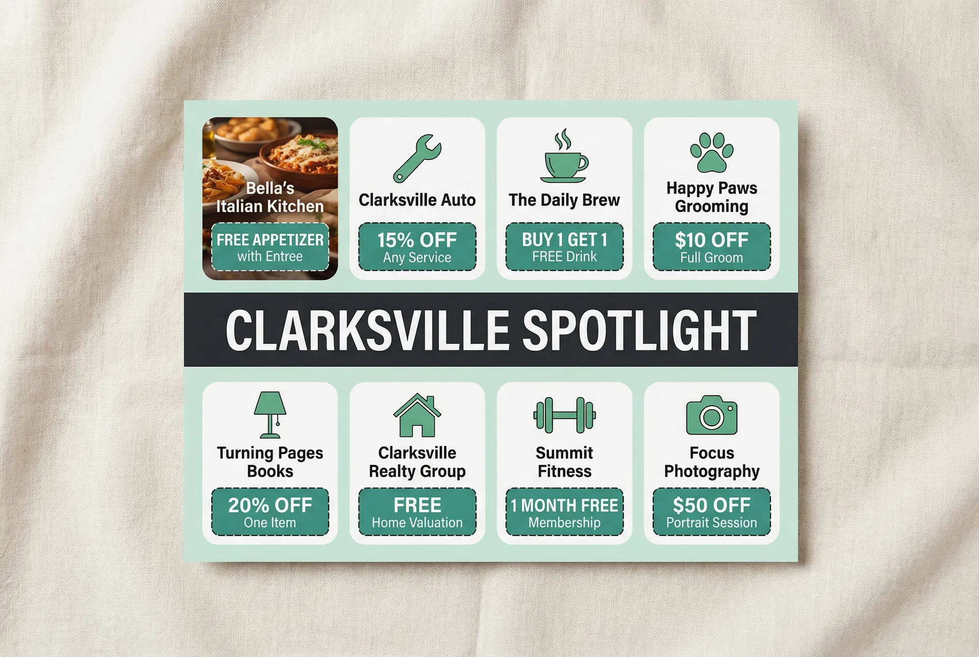Clarksville Spotlight postcard with coupon-style layout