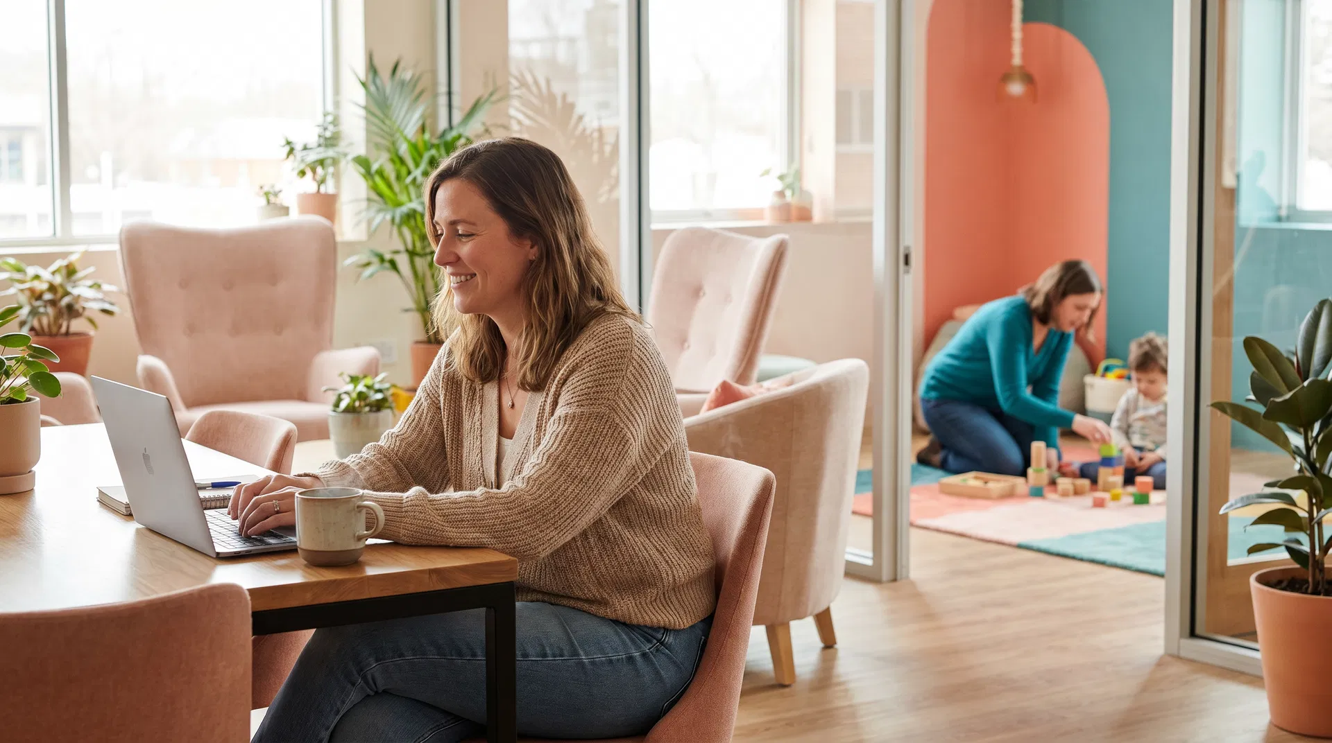 Mãe relaxada no coworking enquanto filho faz terapia