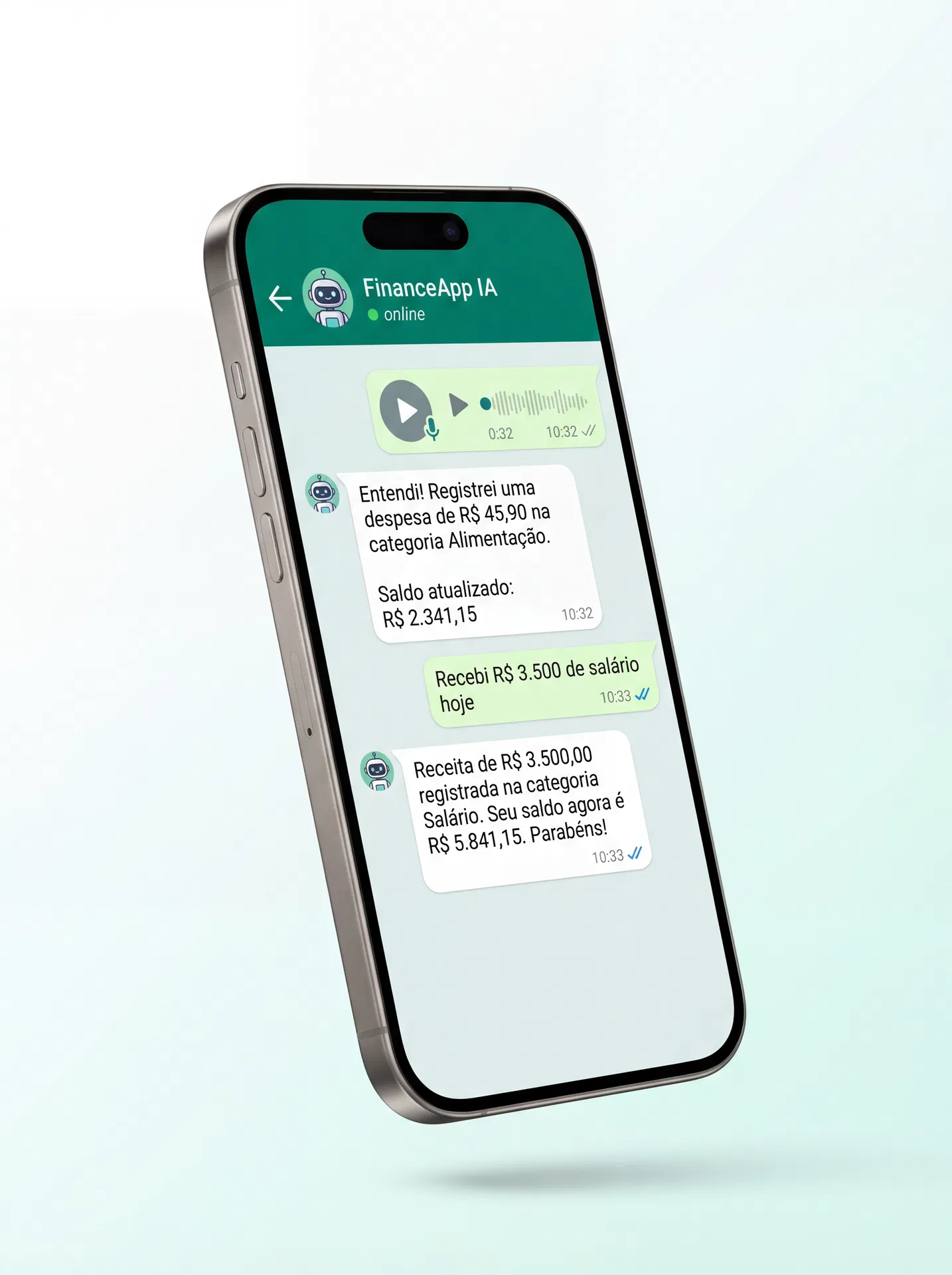 iPhone mostrando conversa WhatsApp com IA financeira
