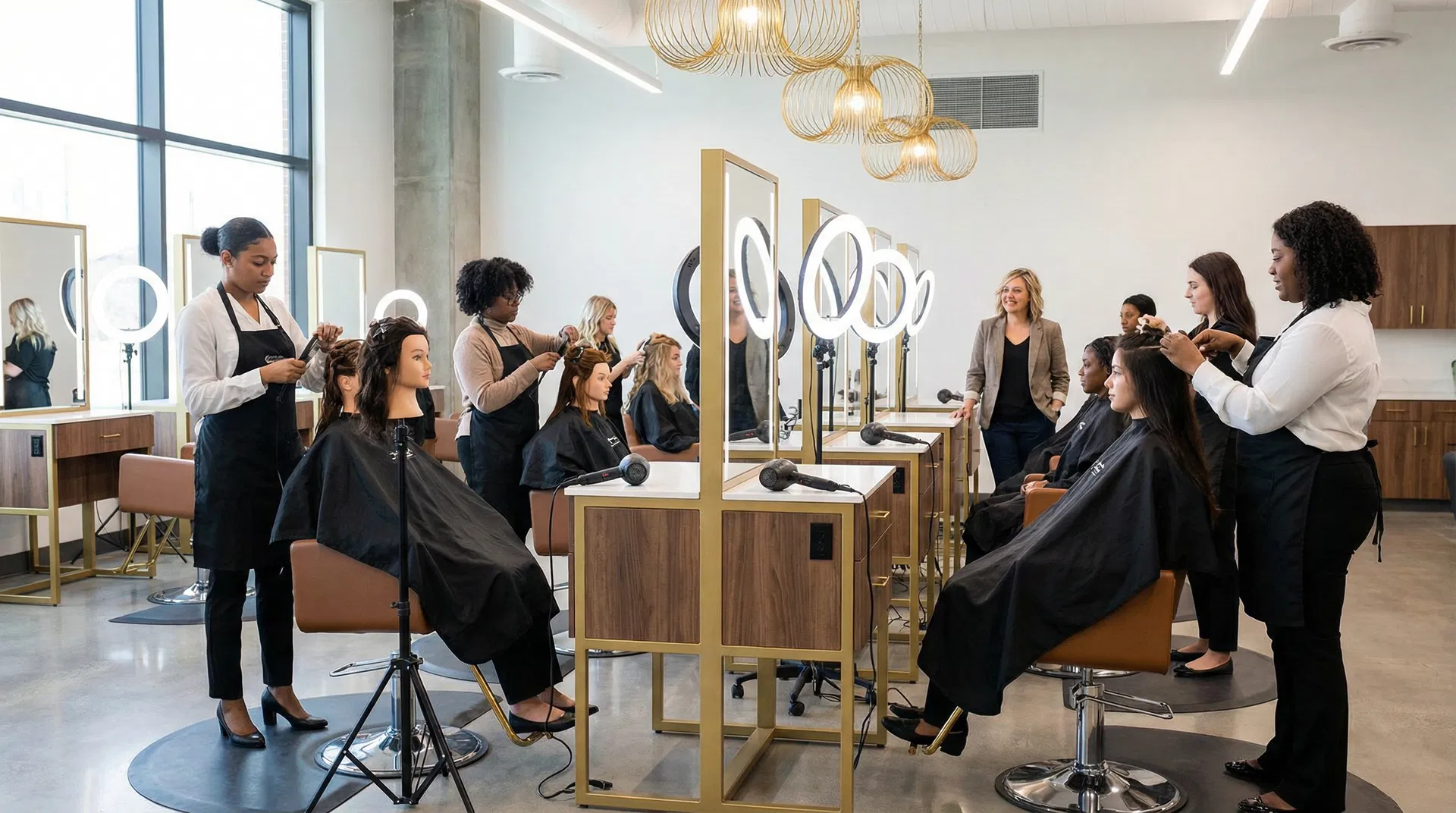 Professional training salon environment with multiple styling stations