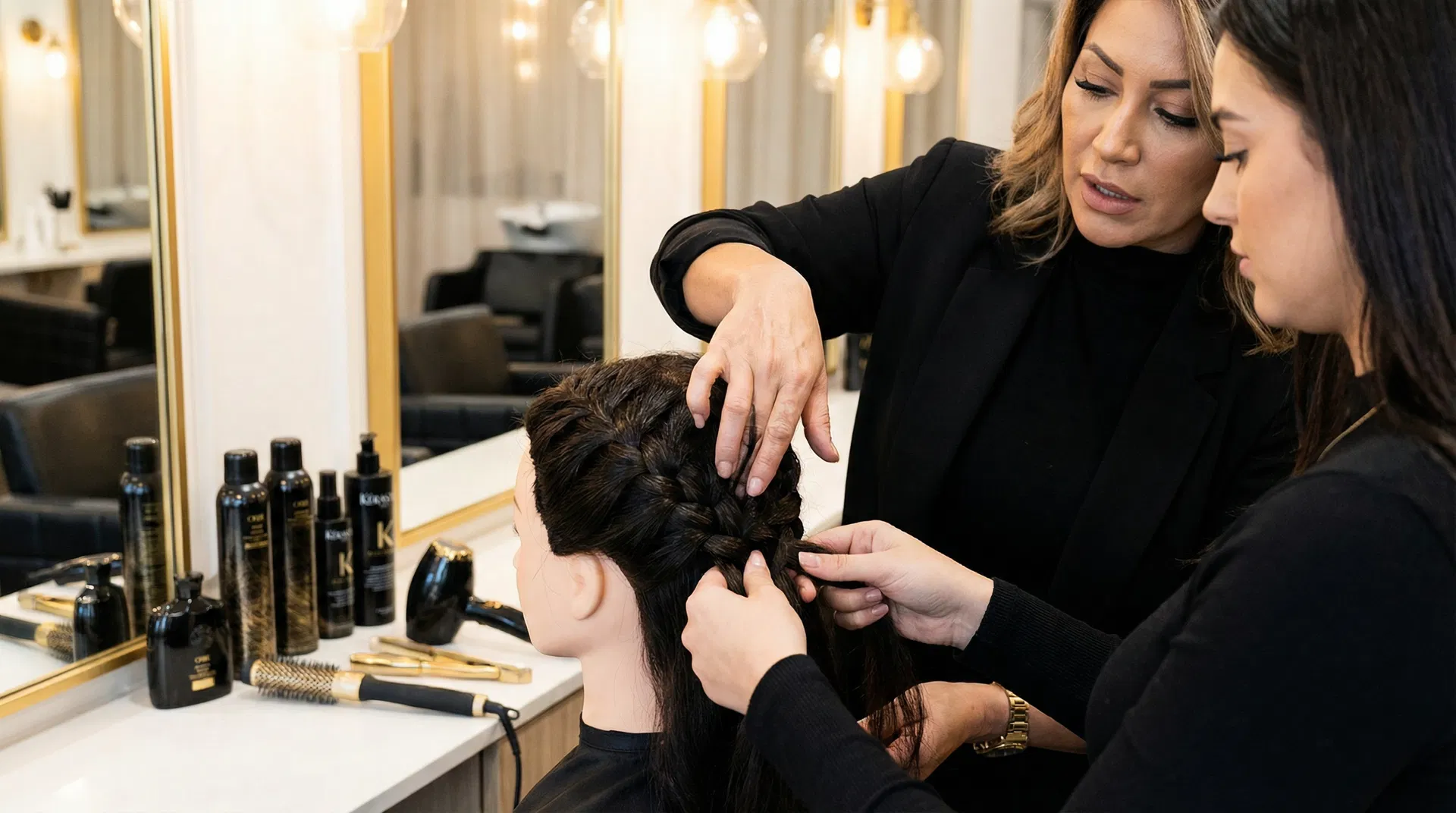 Instructor demonstrating braiding technique to student