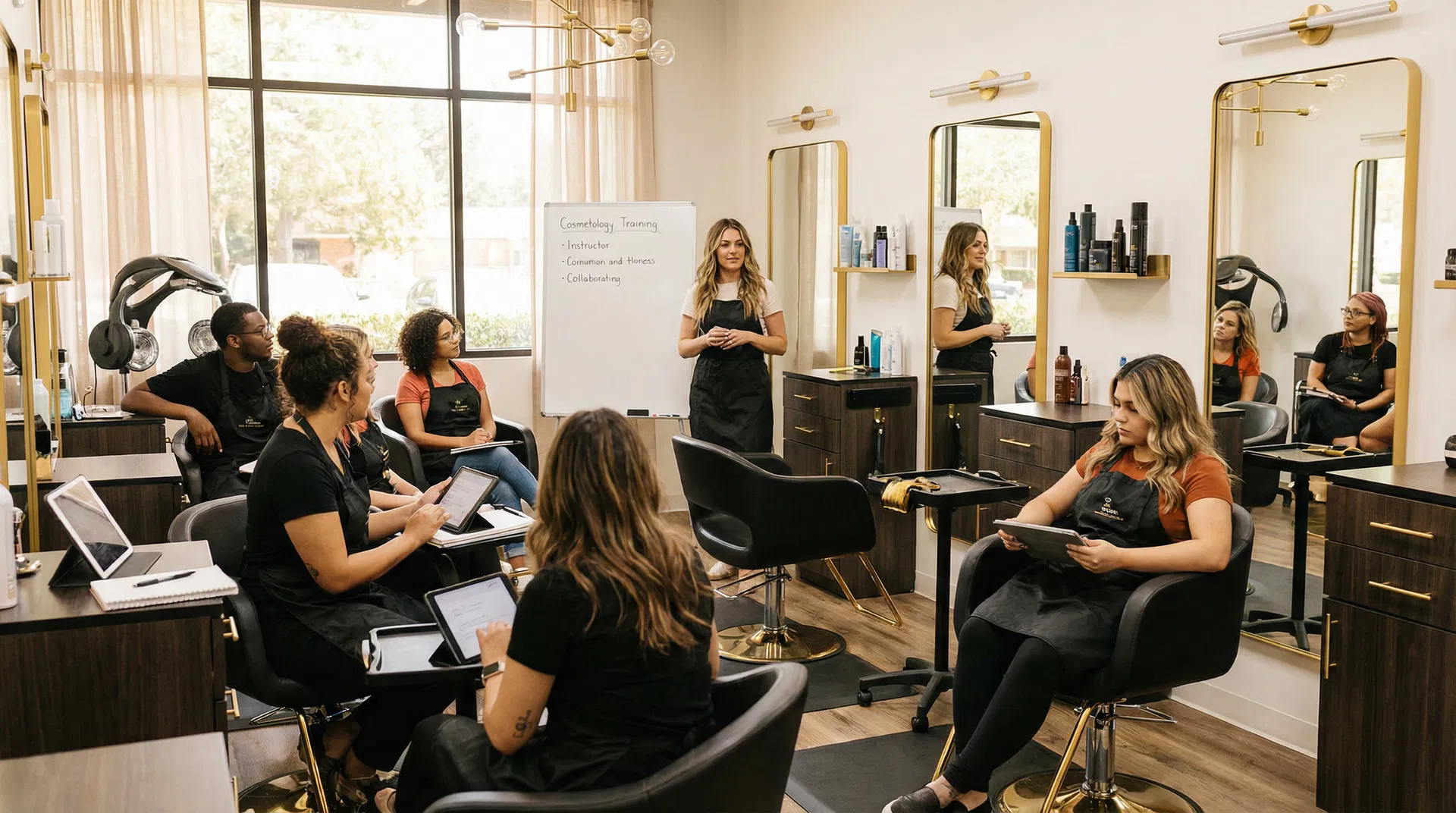 Group training session with diverse students in salon classroom