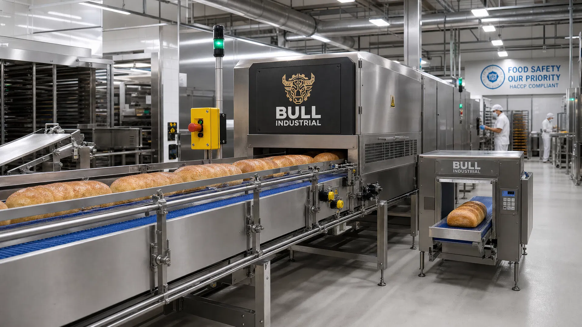 Esteira Bull com detector de metais na saída — fluxo completo de panificação
