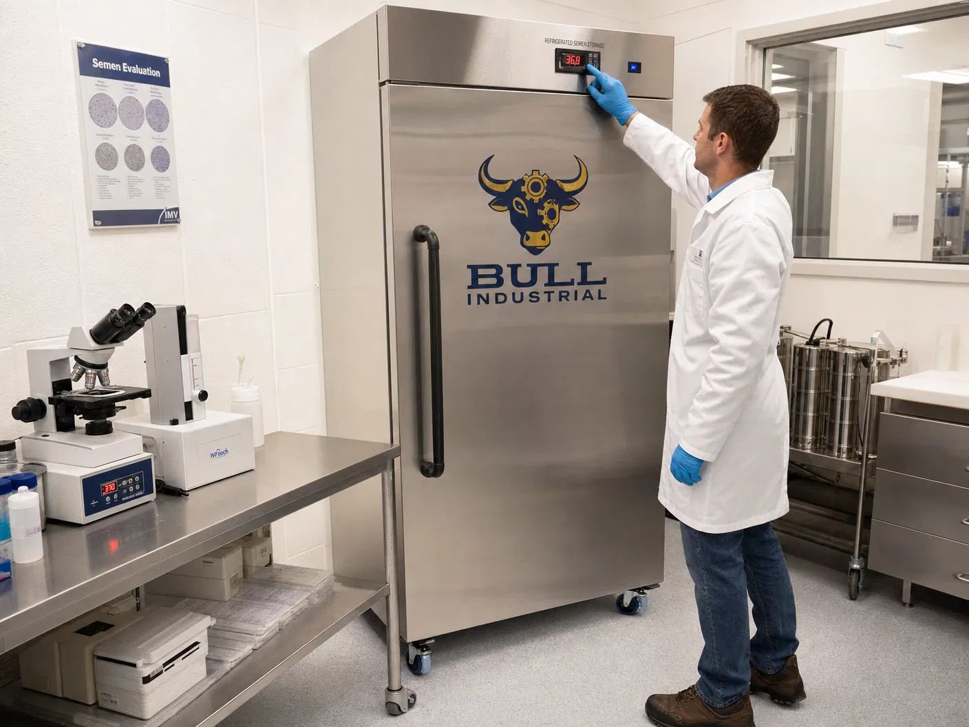 Bull Semen 600 em laboratório veterinário — conservação controlada de doses